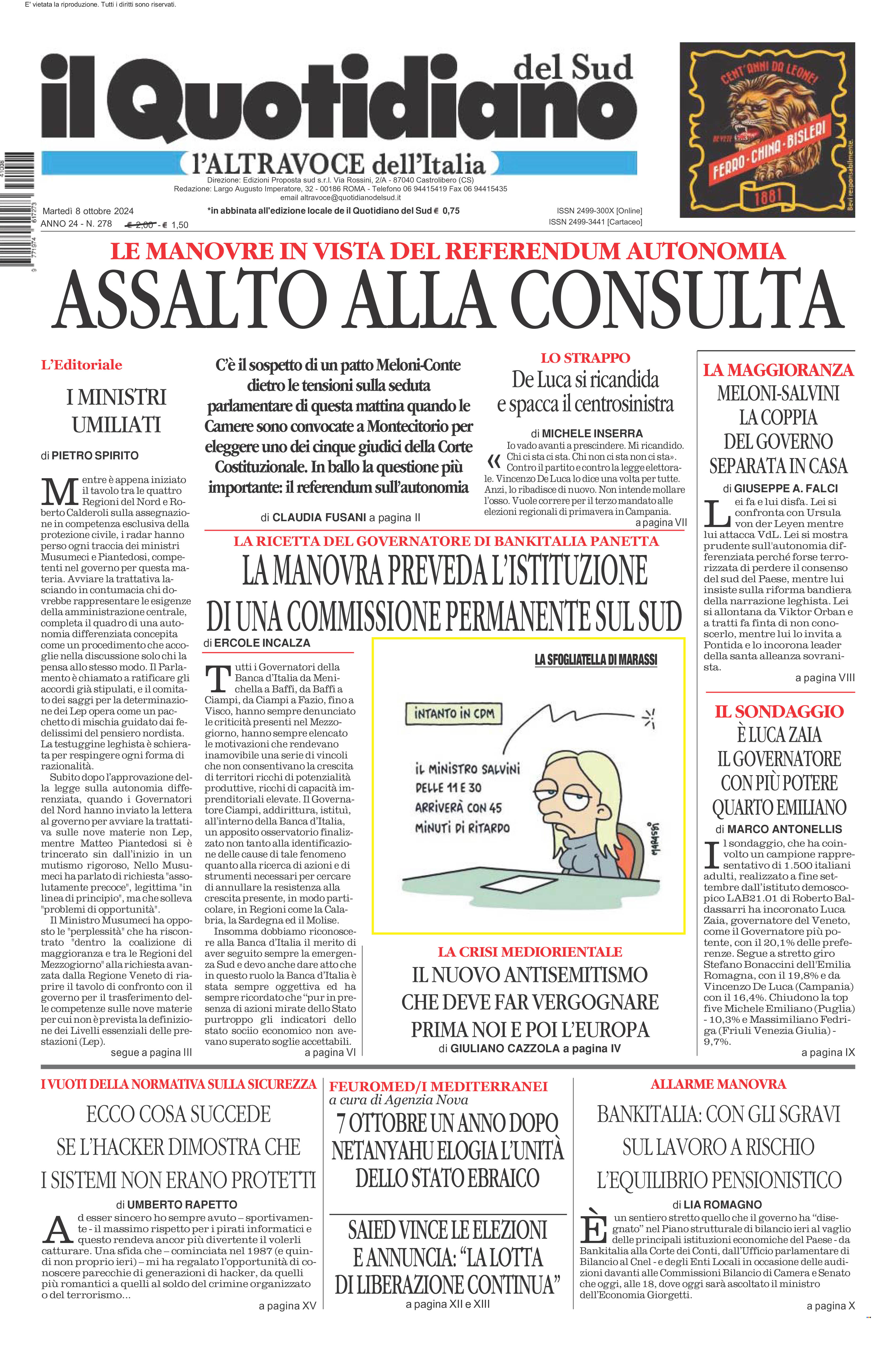 La prima pagina de l’ALTRAVOCE dell’ITALIA in edicola oggi