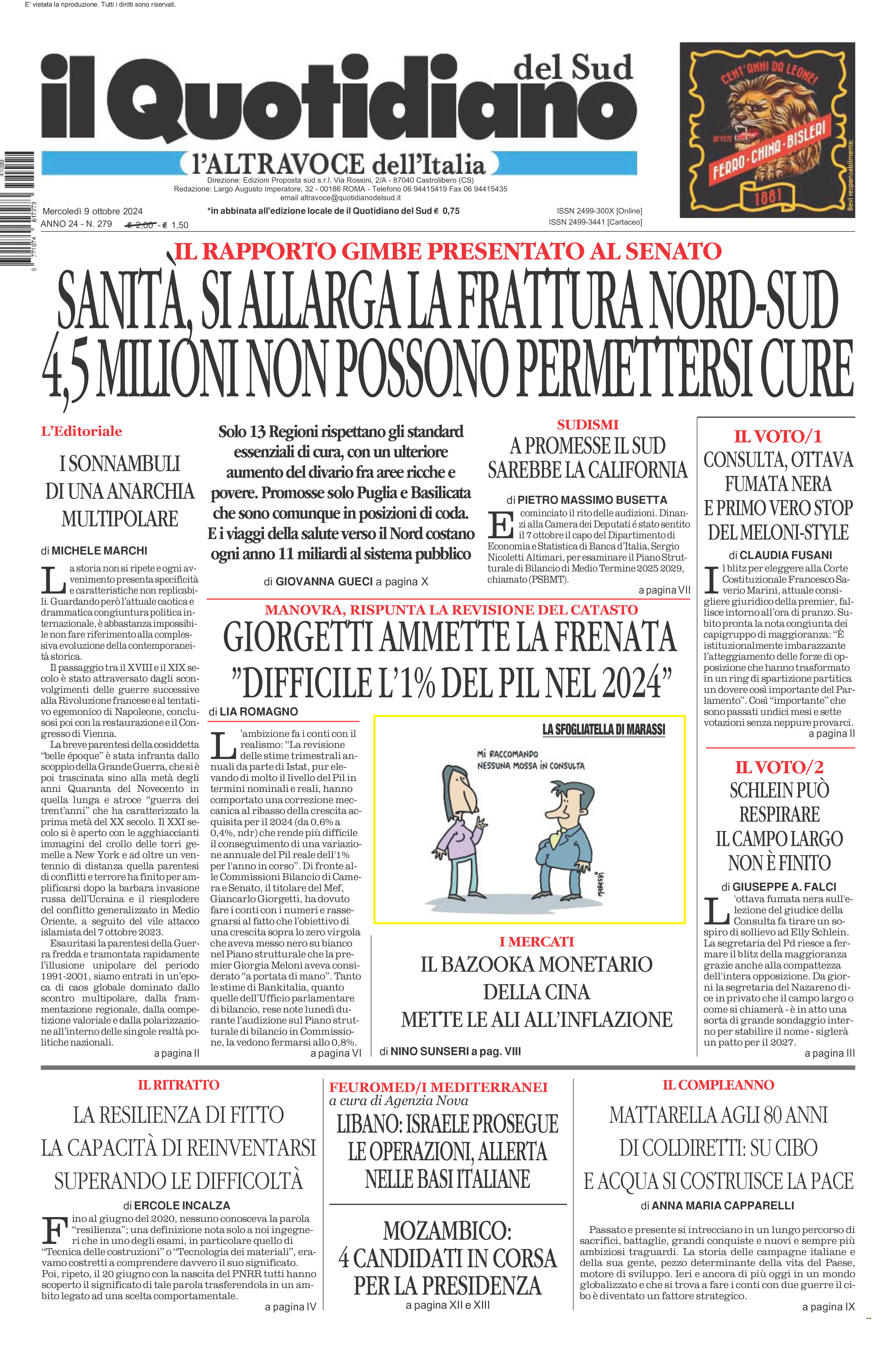 La prima pagina de l’ALTRAVOCE dell’ITALIA in edicola oggi