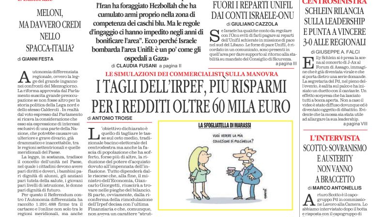 La prima pagina de l’ALTRAVOCE dell’ITALIA in edicola oggi