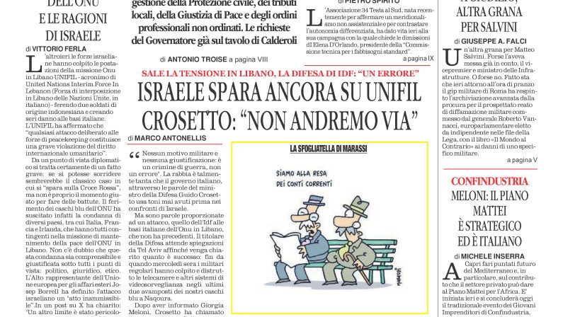 La prima pagina de l’ALTRAVOCE dell’ITALIA in edicola oggi