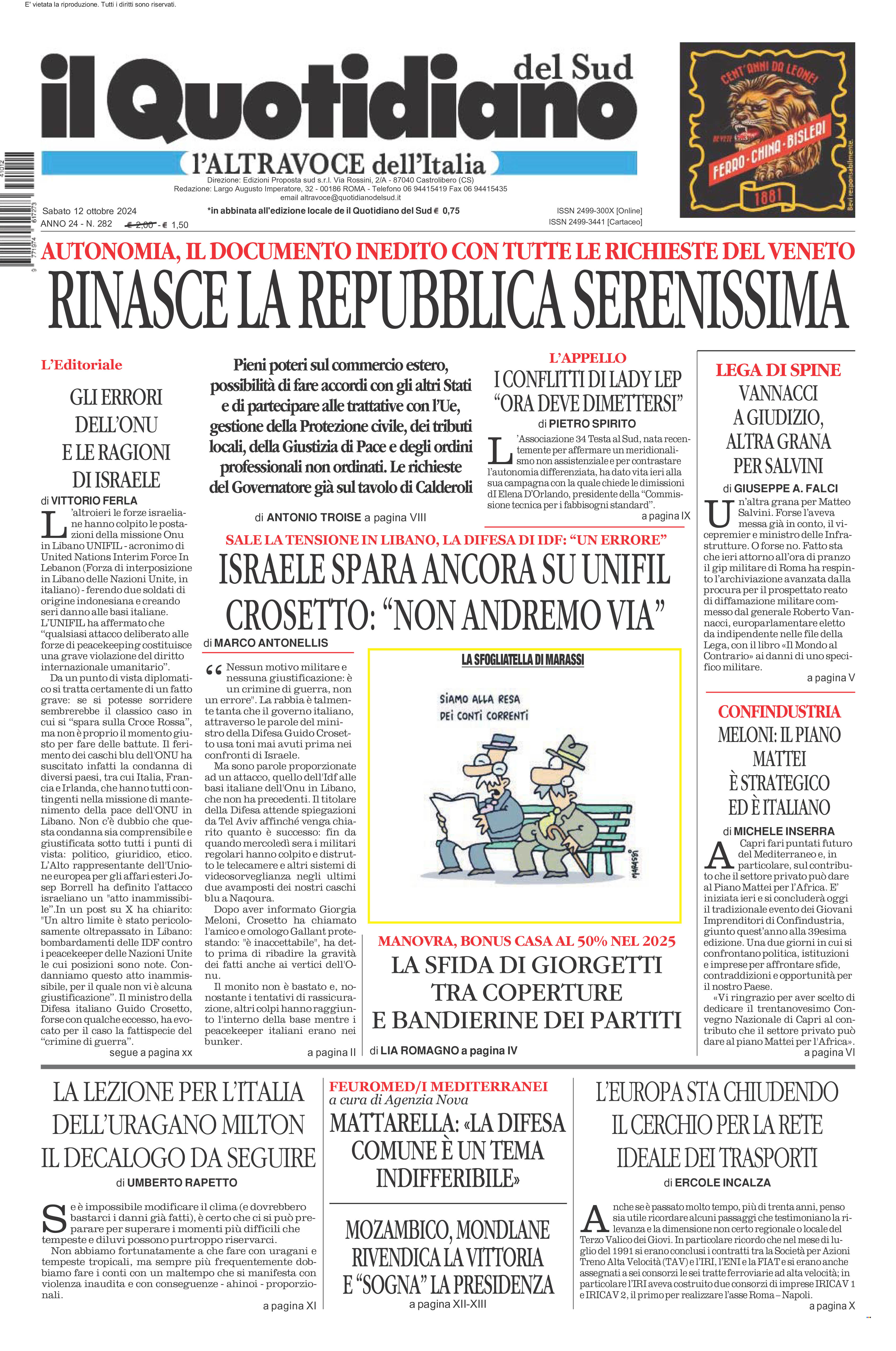 La prima pagina de l’ALTRAVOCE dell’ITALIA in edicola oggi