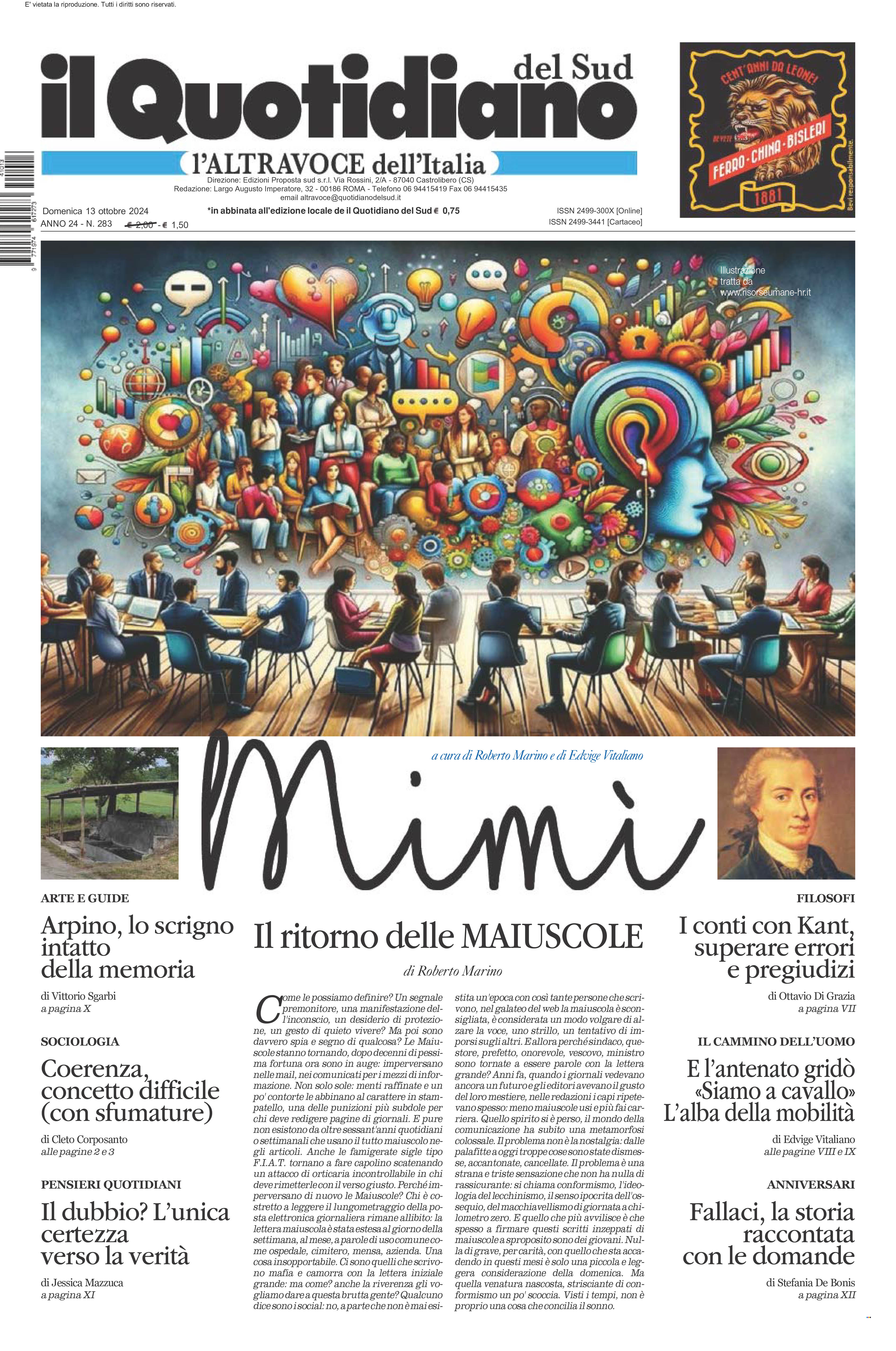 La prima pagina de l’ALTRAVOCE dell’ITALIA in edicola oggi