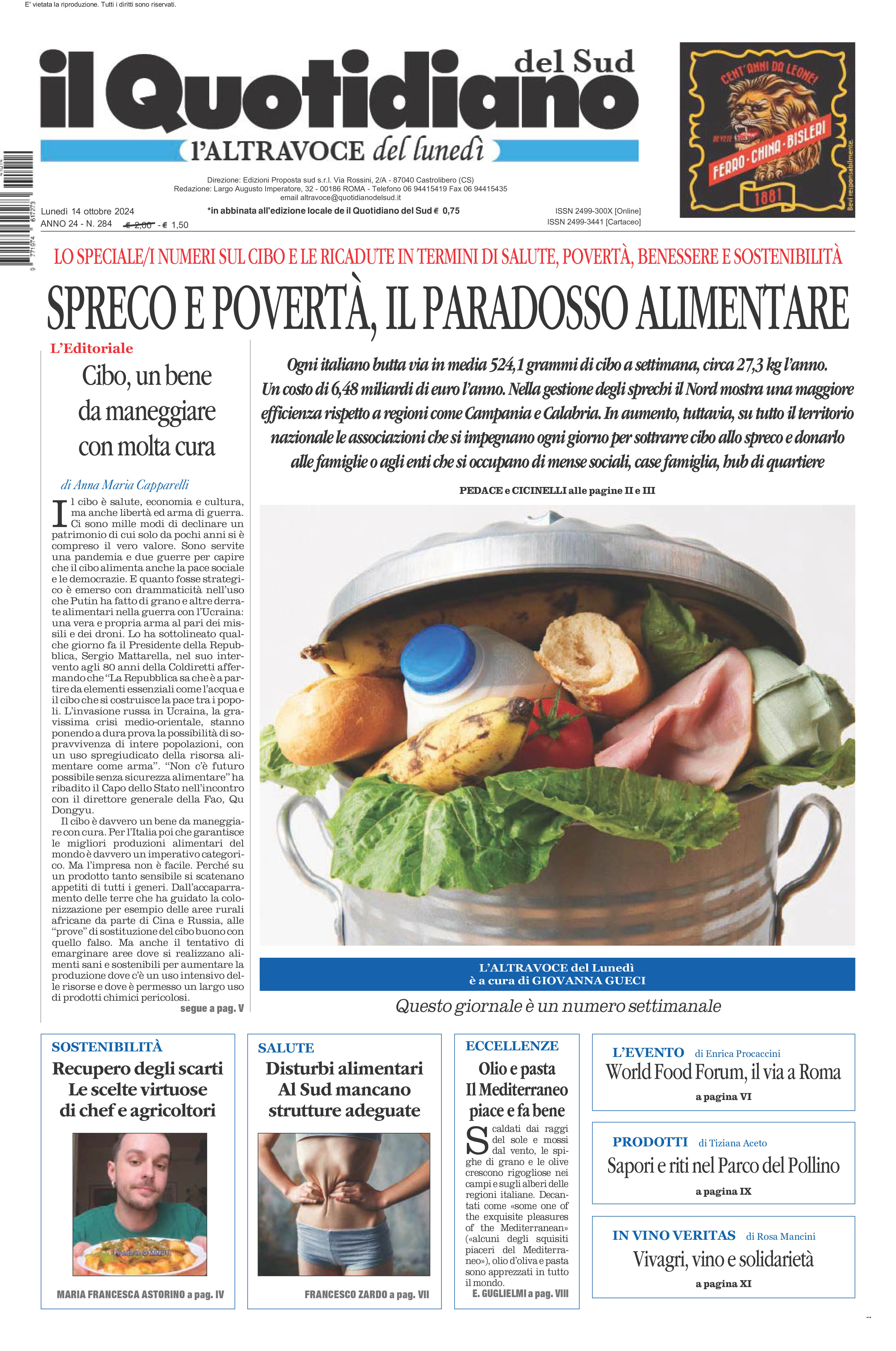 La prima pagina de l’ALTRAVOCE dell’ITALIA in edicola oggi