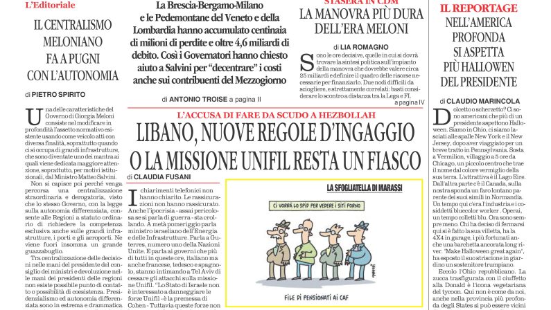 La prima pagina de l’ALTRAVOCE dell’ITALIA in edicola oggi