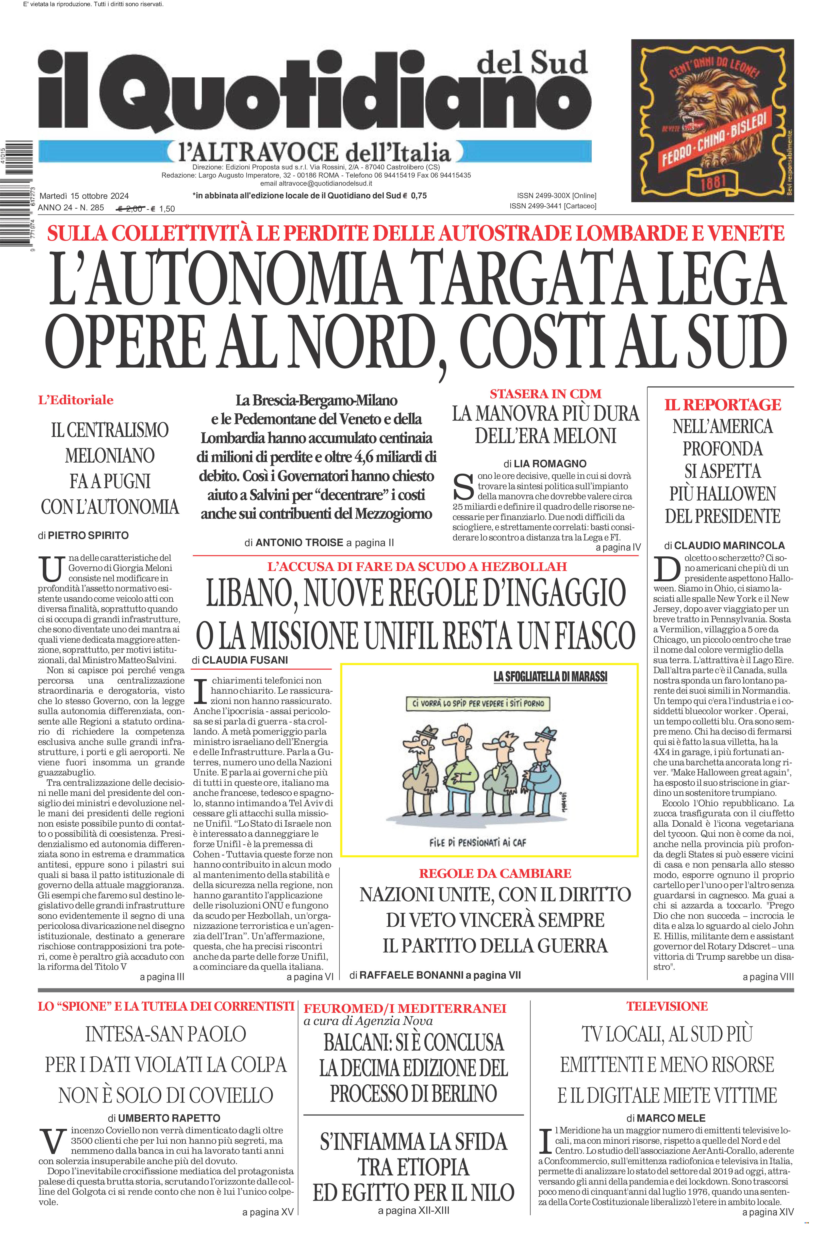 La prima pagina de l’ALTRAVOCE dell’ITALIA in edicola oggi