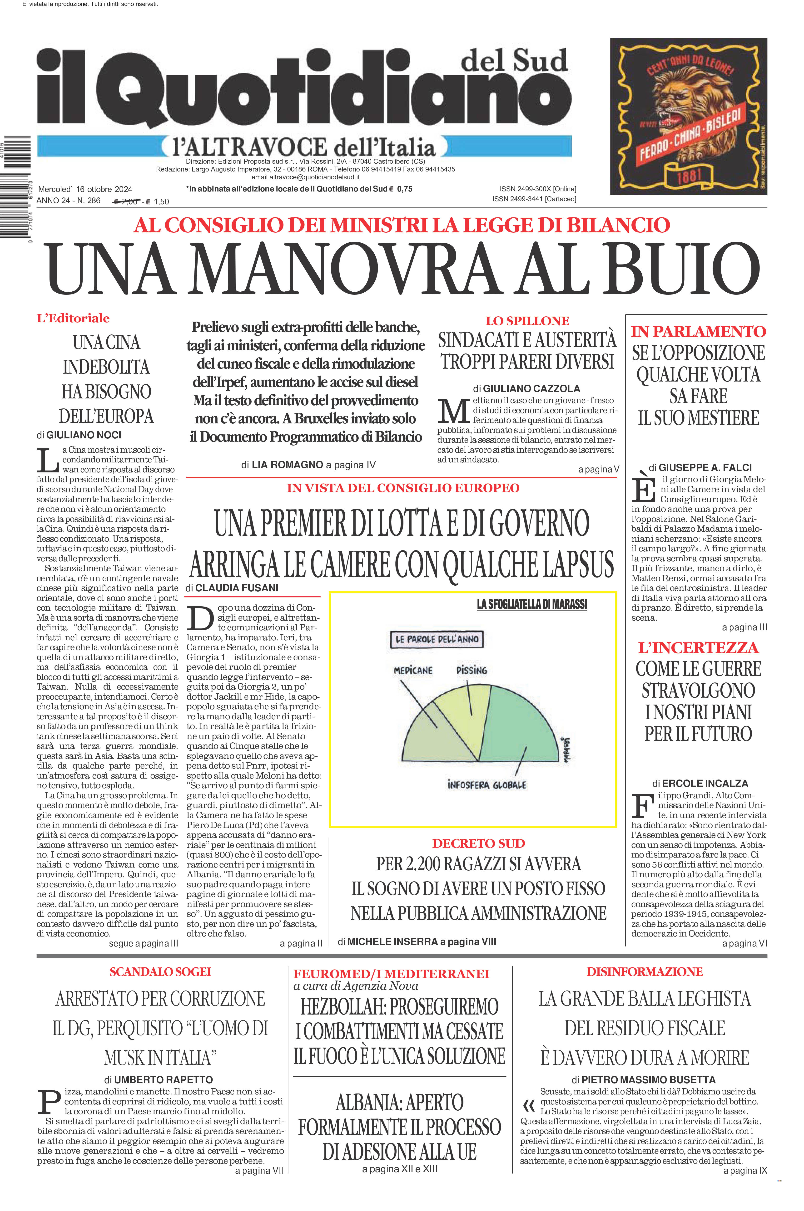 La prima pagina de l’ALTRAVOCE dell’ITALIA in edicola oggi