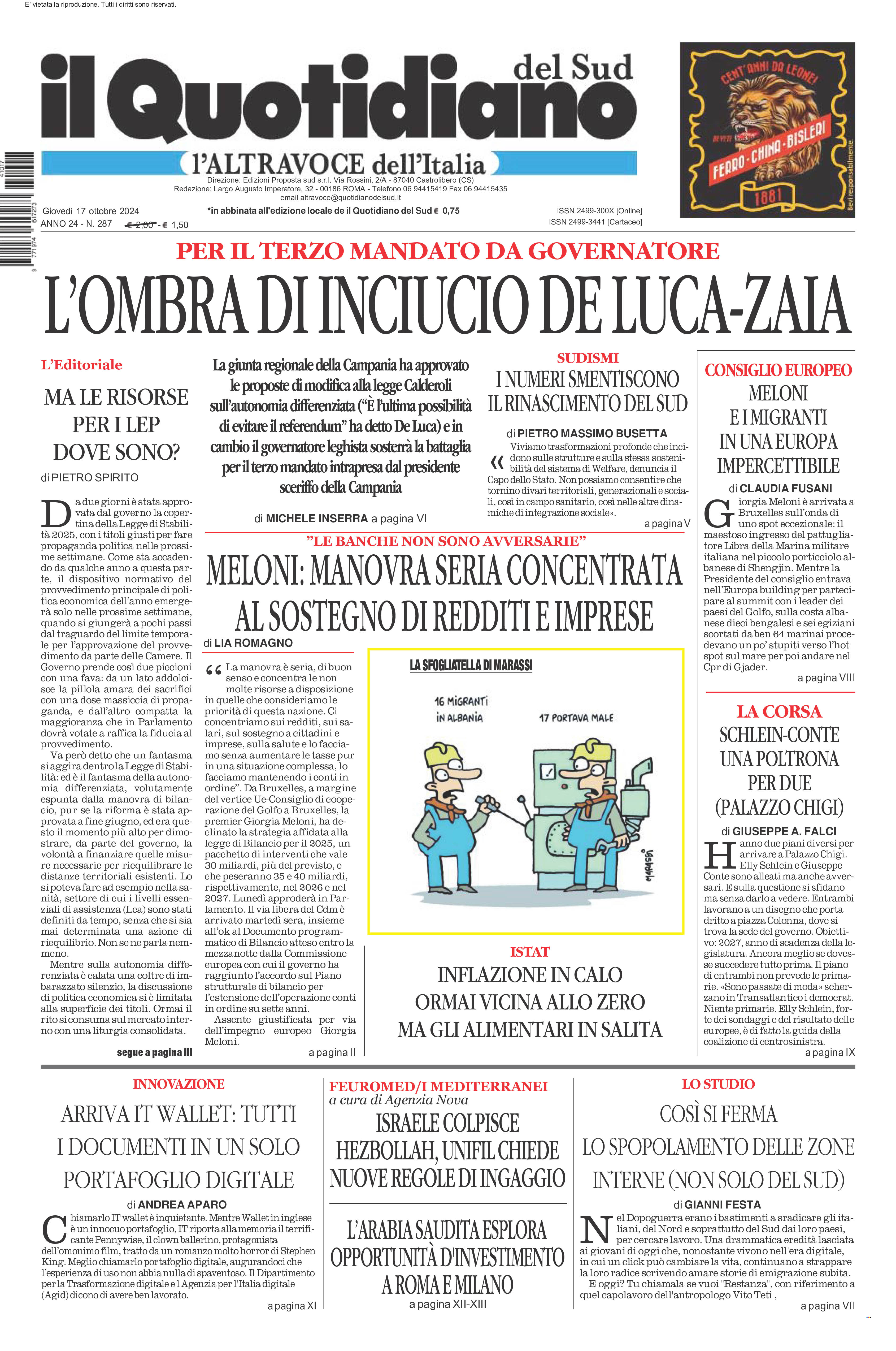 La prima pagina de l’ALTRAVOCE dell’ITALIA in edicola oggi