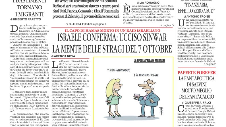 La prima pagina de l’ALTRAVOCE dell’ITALIA in edicola oggi