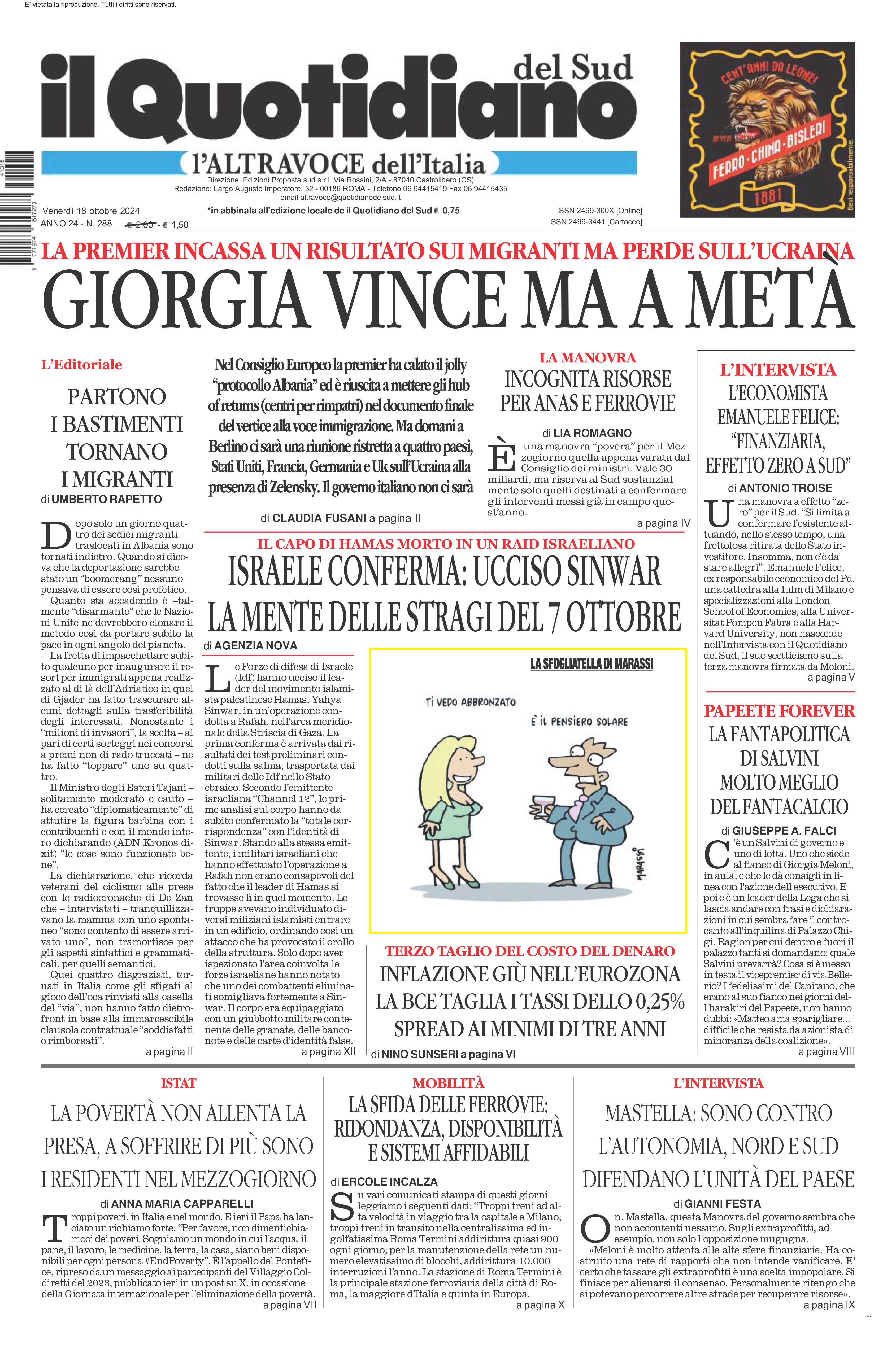 La prima pagina de l’ALTRAVOCE dell’ITALIA in edicola oggi