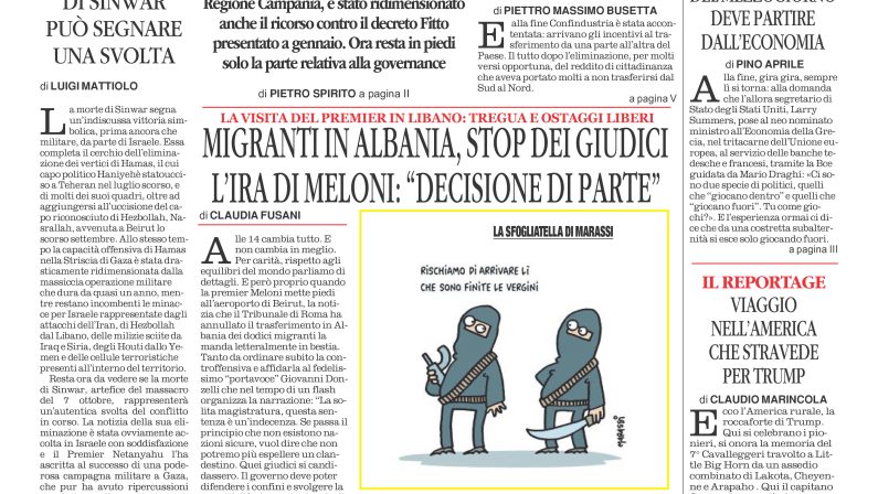 La prima pagina de l’ALTRAVOCE dell’ITALIA in edicola oggi