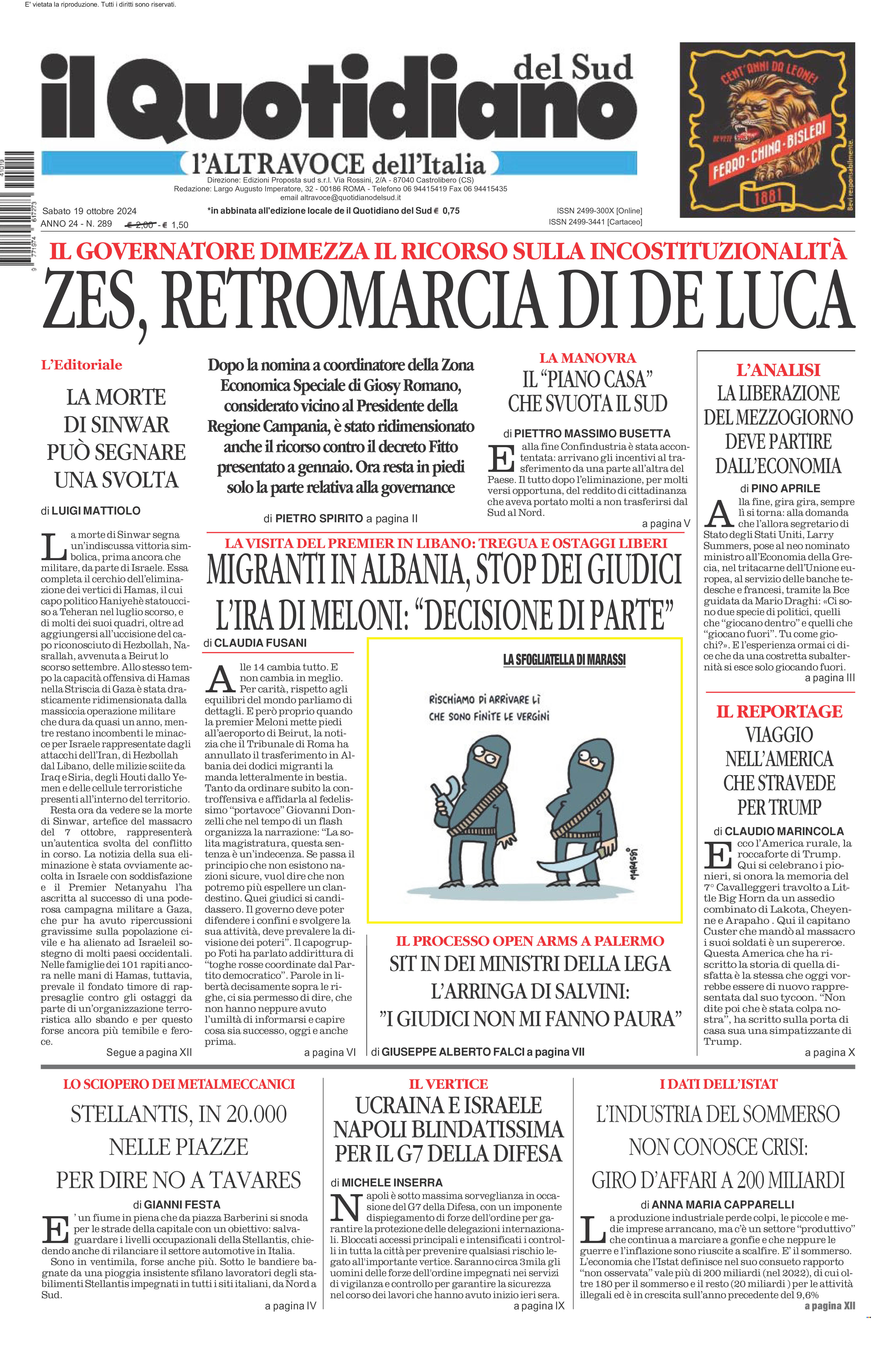 La prima pagina de l’ALTRAVOCE dell’ITALIA in edicola oggi