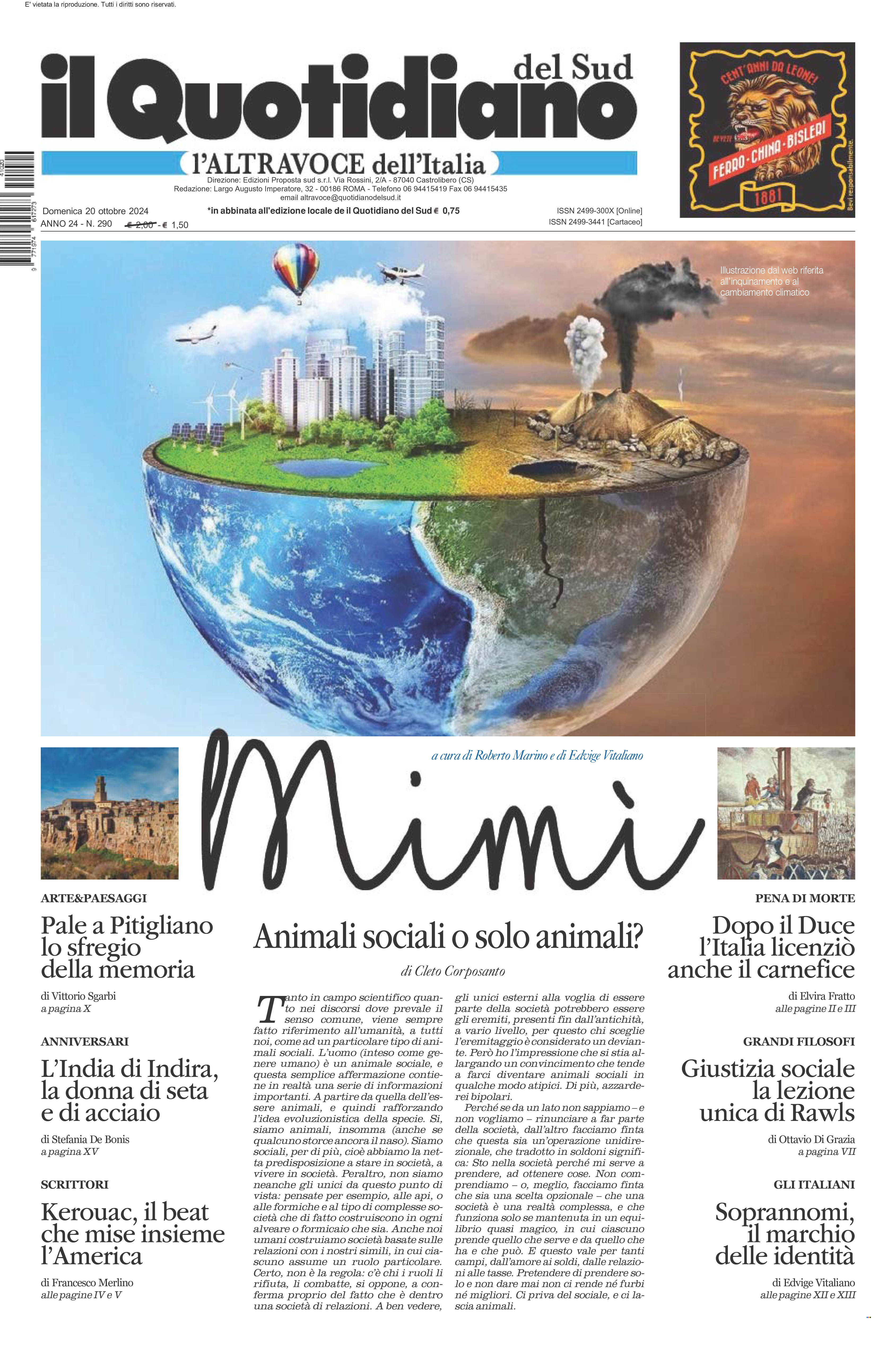 La prima pagina de l’ALTRAVOCE dell’ITALIA in edicola oggi