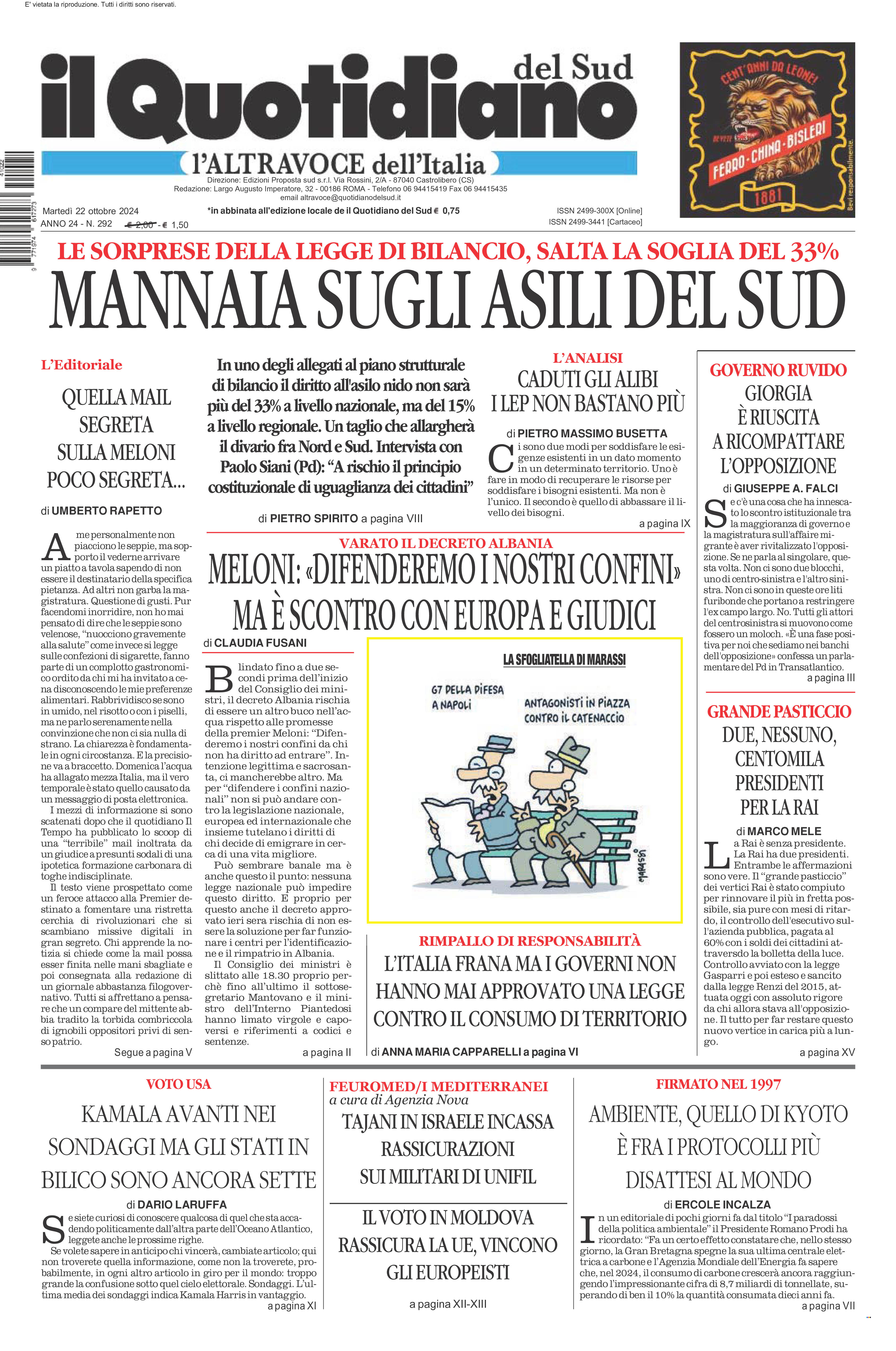 La prima pagina de l’ALTRAVOCE dell’ITALIA in edicola oggi