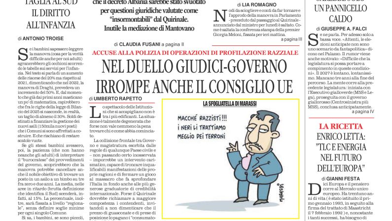 La prima pagina de l’ALTRAVOCE dell’ITALIA in edicola oggi