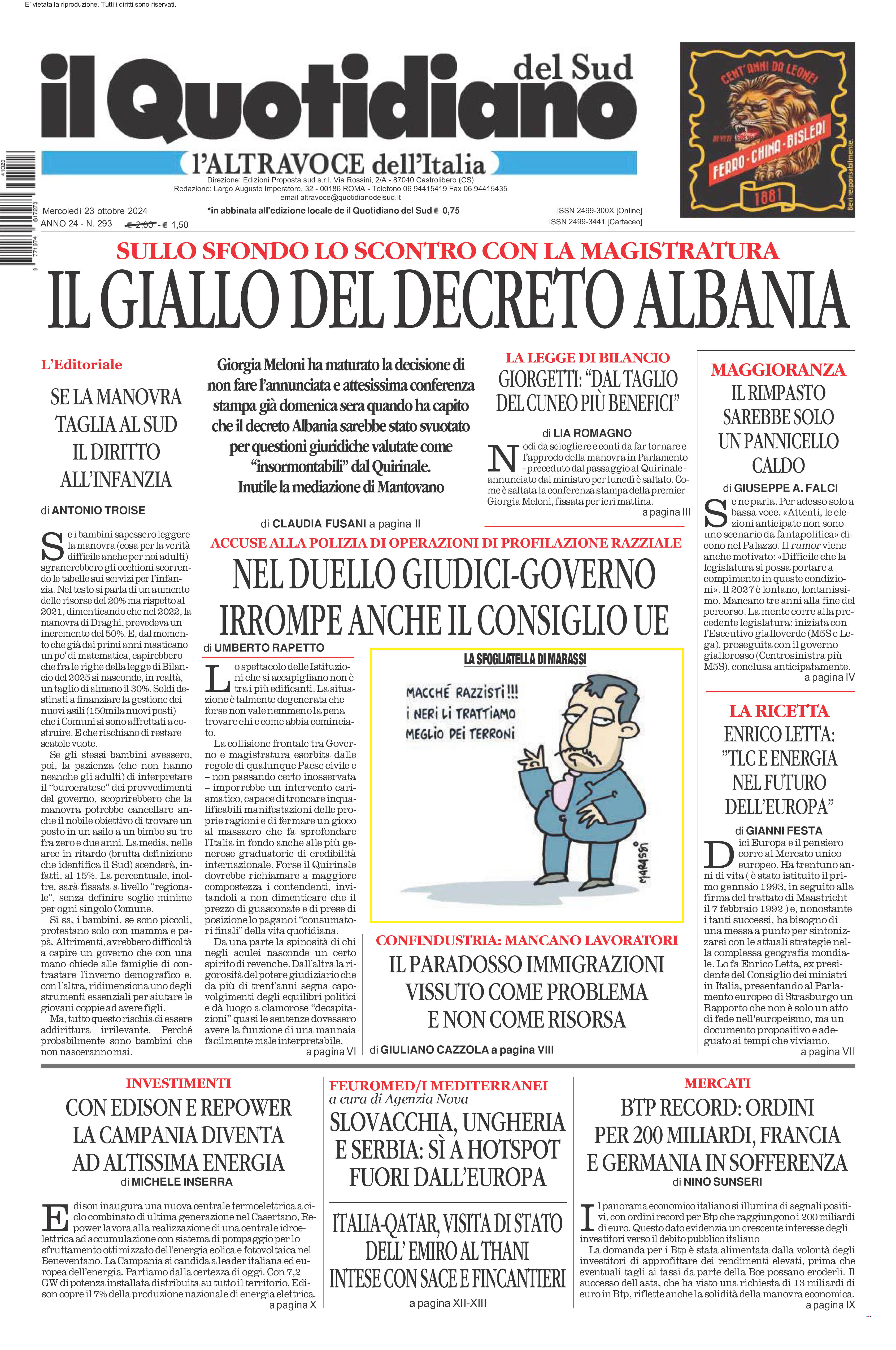 La prima pagina de l’ALTRAVOCE dell’ITALIA in edicola oggi