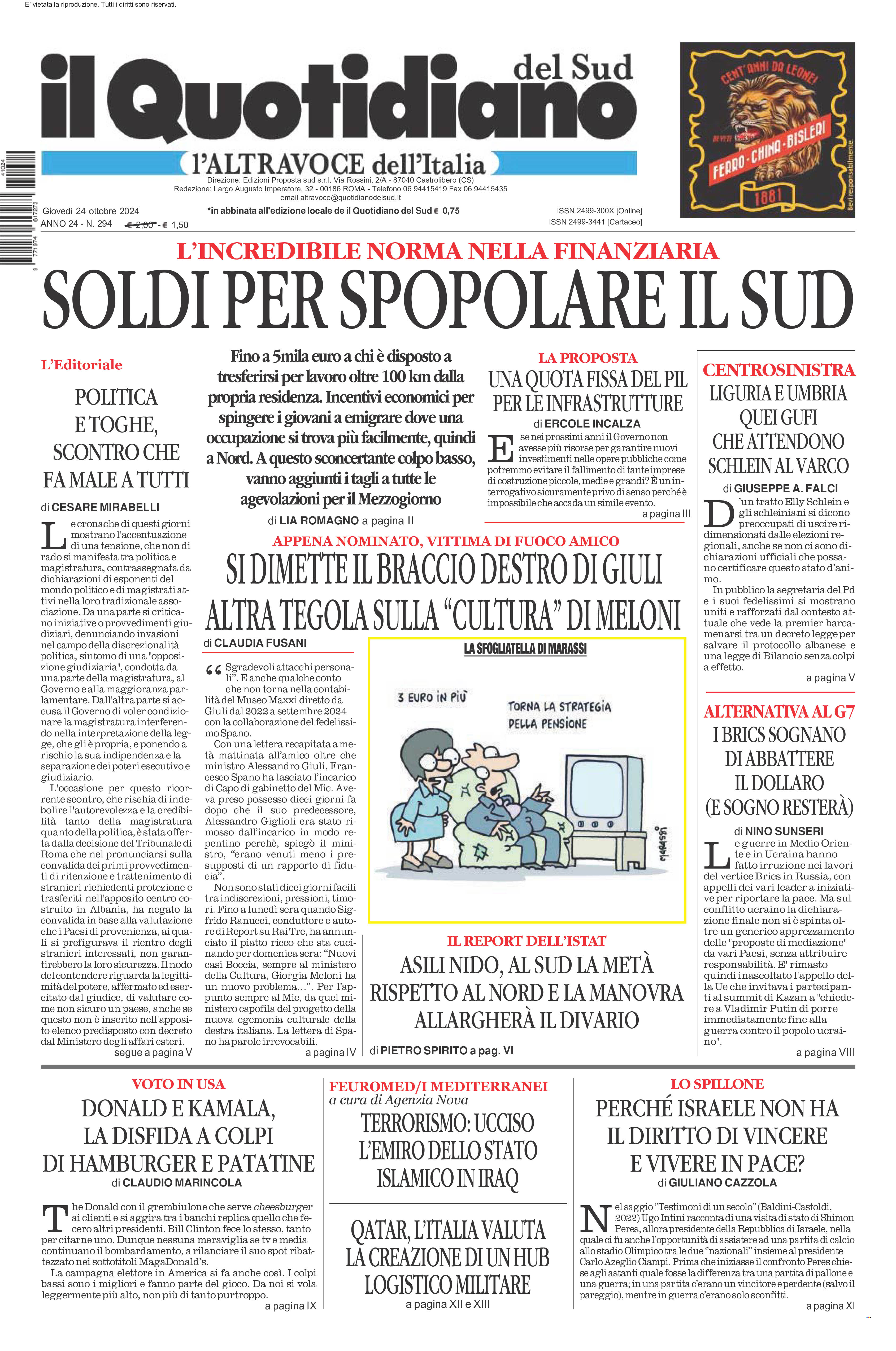 La prima pagina de l’ALTRAVOCE dell’ITALIA in edicola oggi