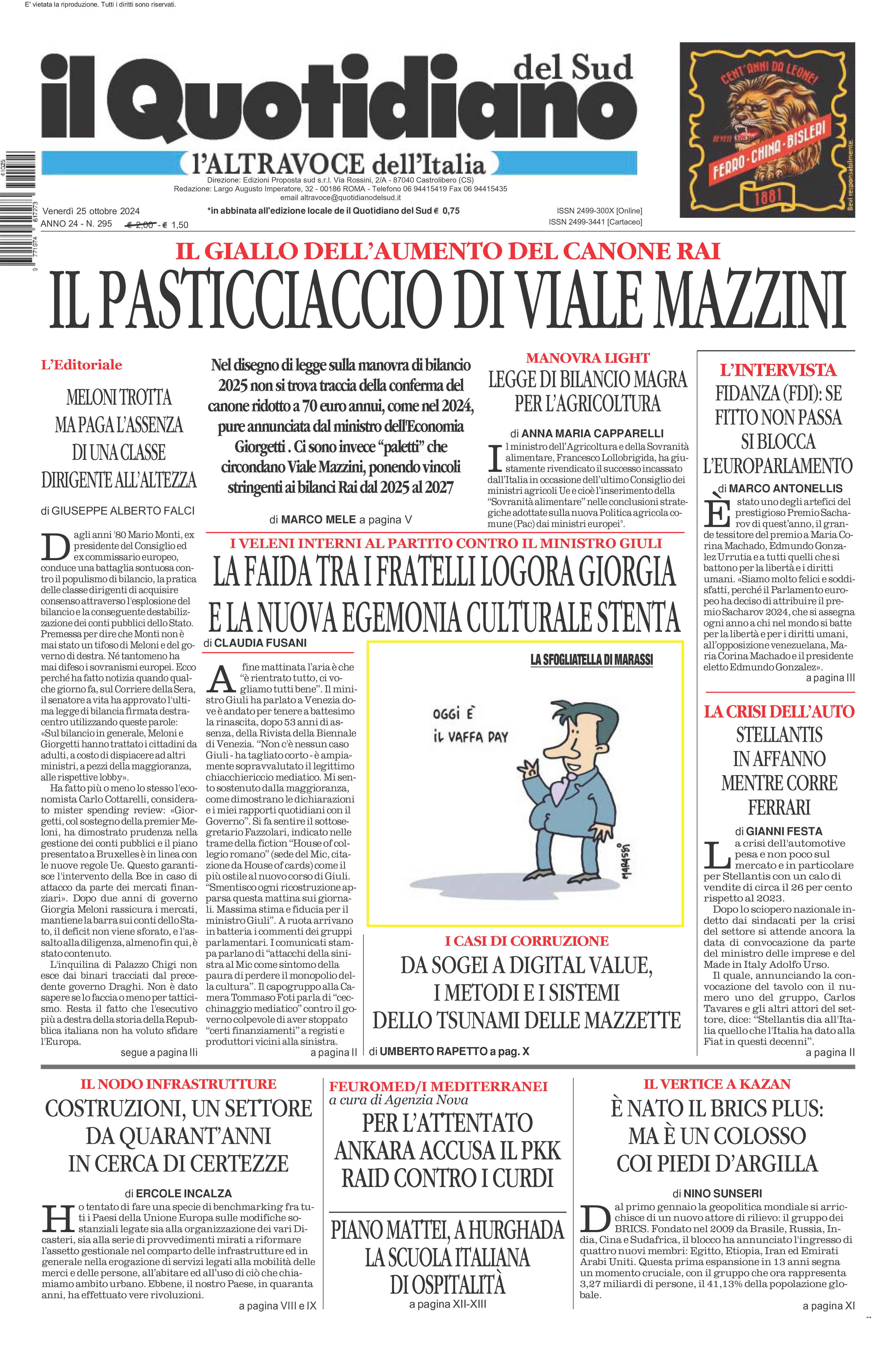 La prima pagina de l’ALTRAVOCE dell’ITALIA in edicola oggi