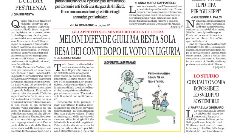 La prima pagina de l’ALTRAVOCE dell’ITALIA in edicola oggi