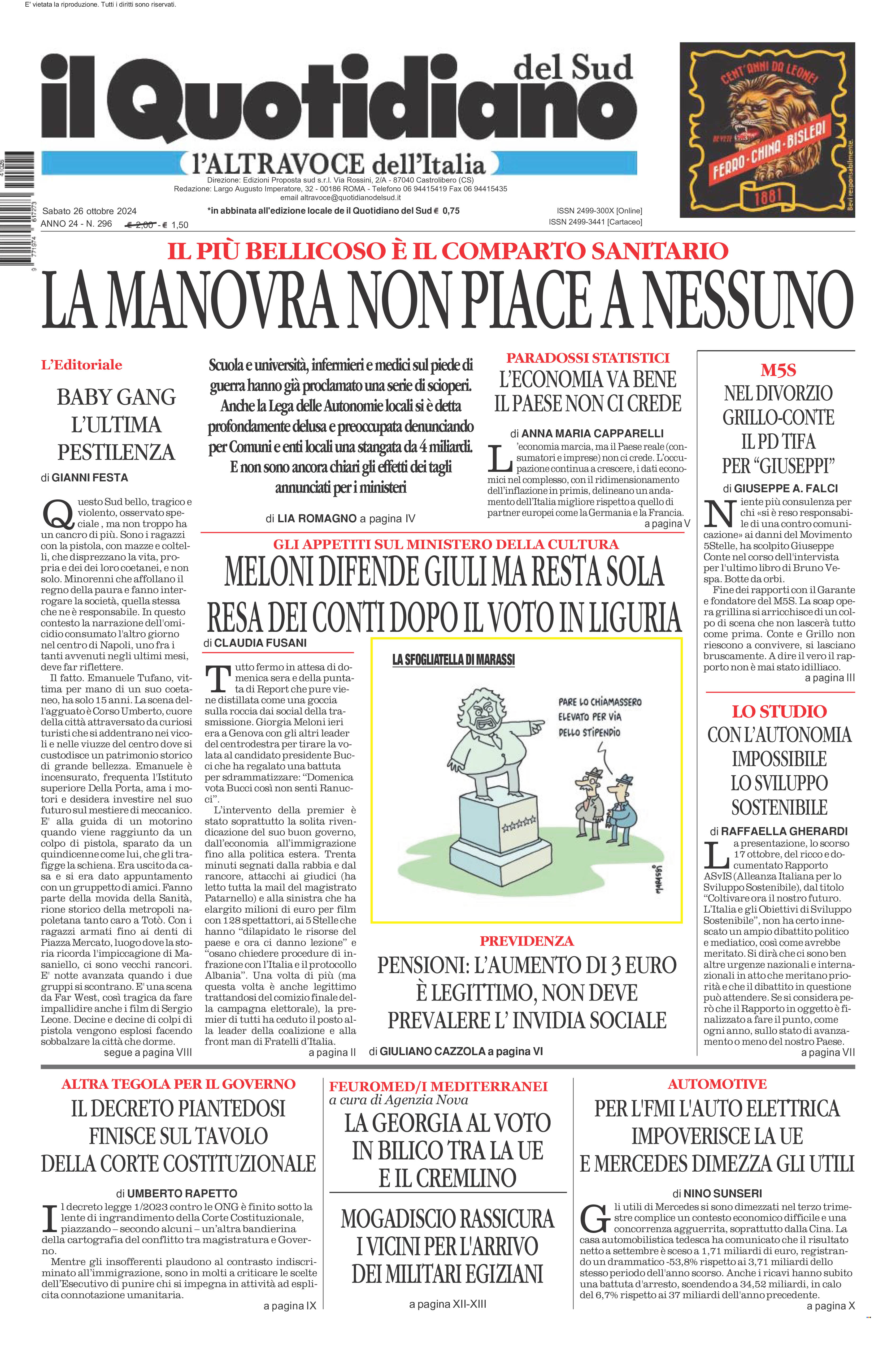 La prima pagina de l’ALTRAVOCE dell’ITALIA in edicola oggi