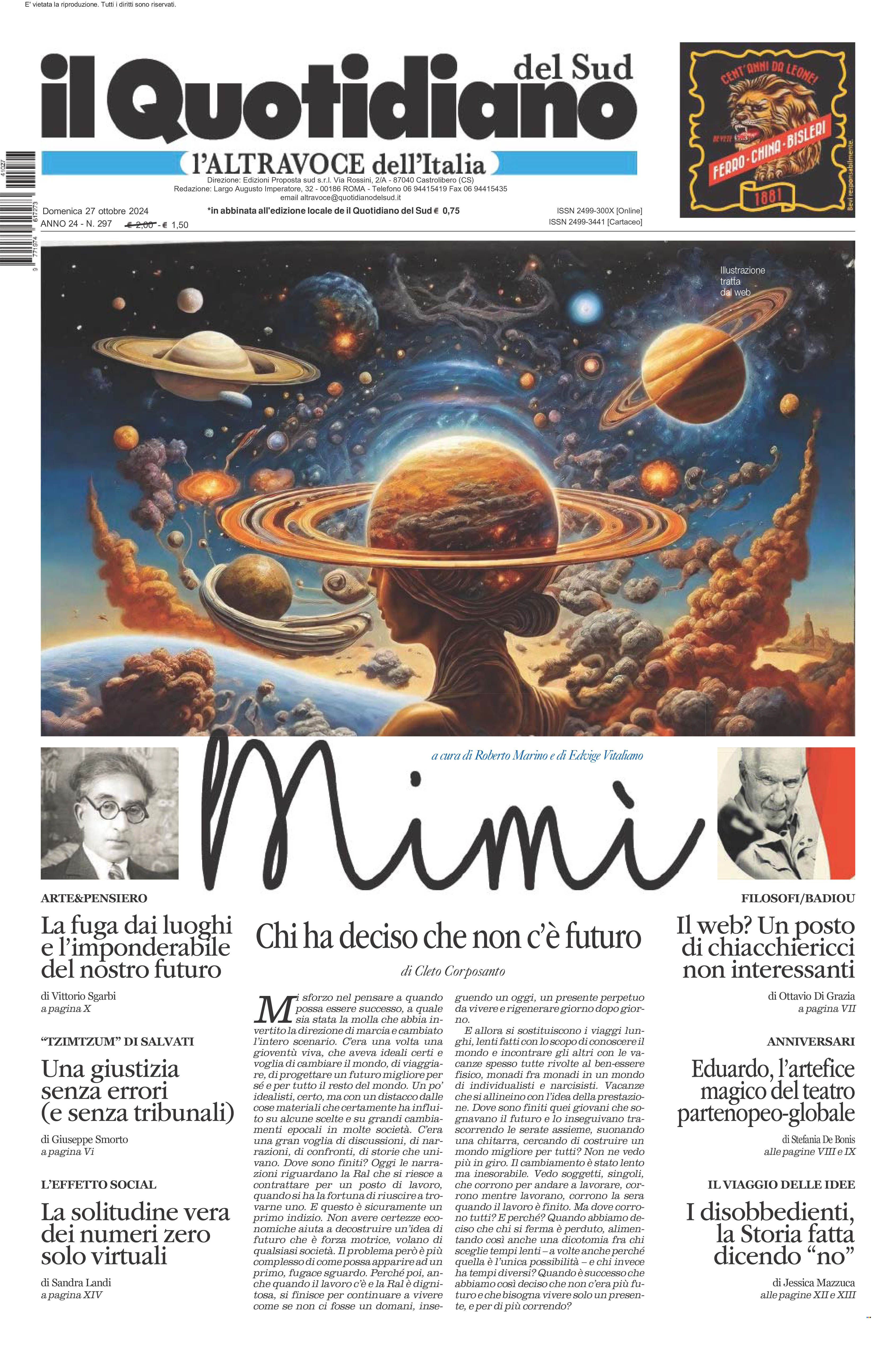 La prima pagina de l’ALTRAVOCE dell’ITALIA in edicola oggi