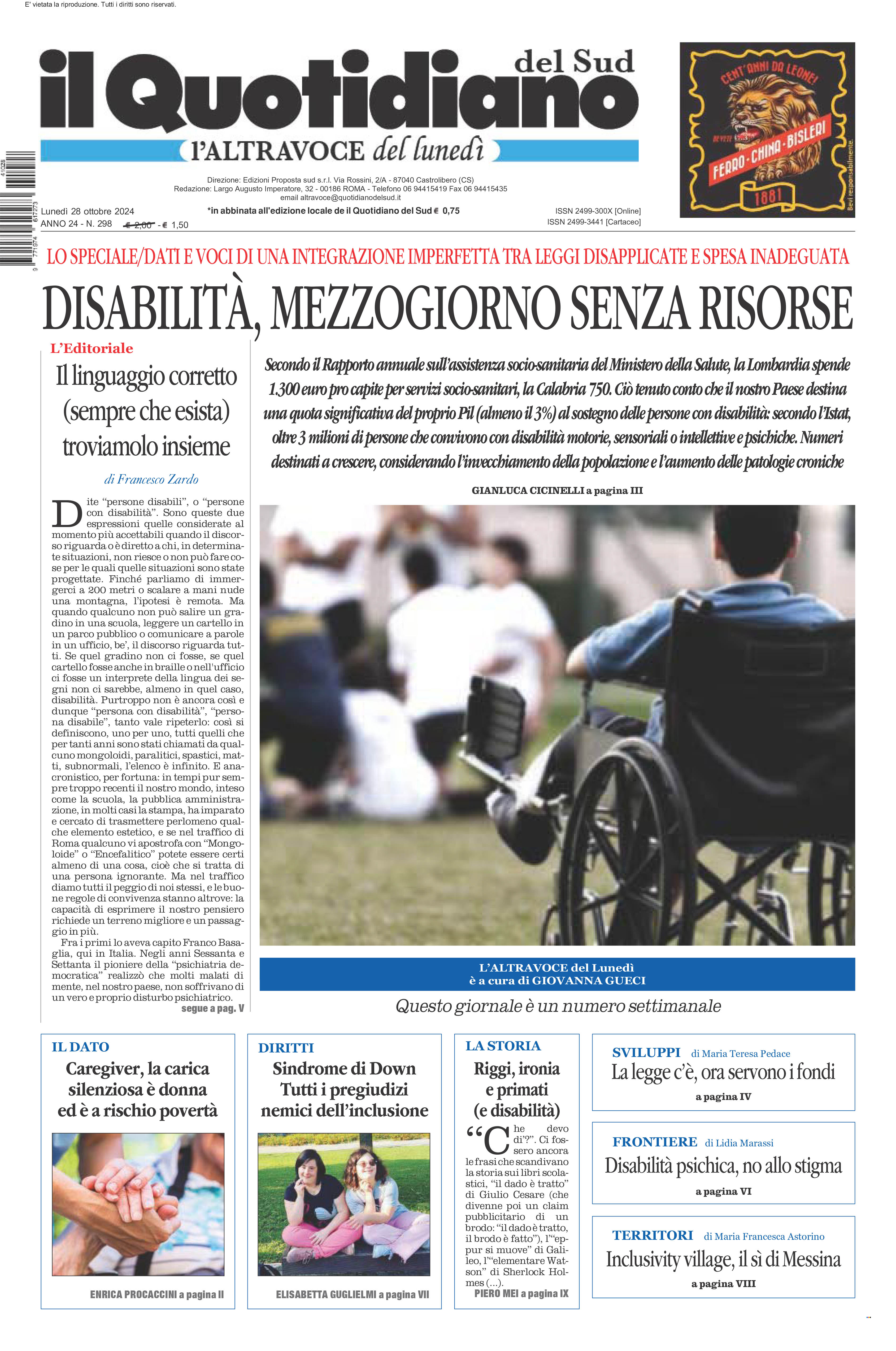 La prima pagina de l’ALTRAVOCE dell’ITALIA in edicola oggi