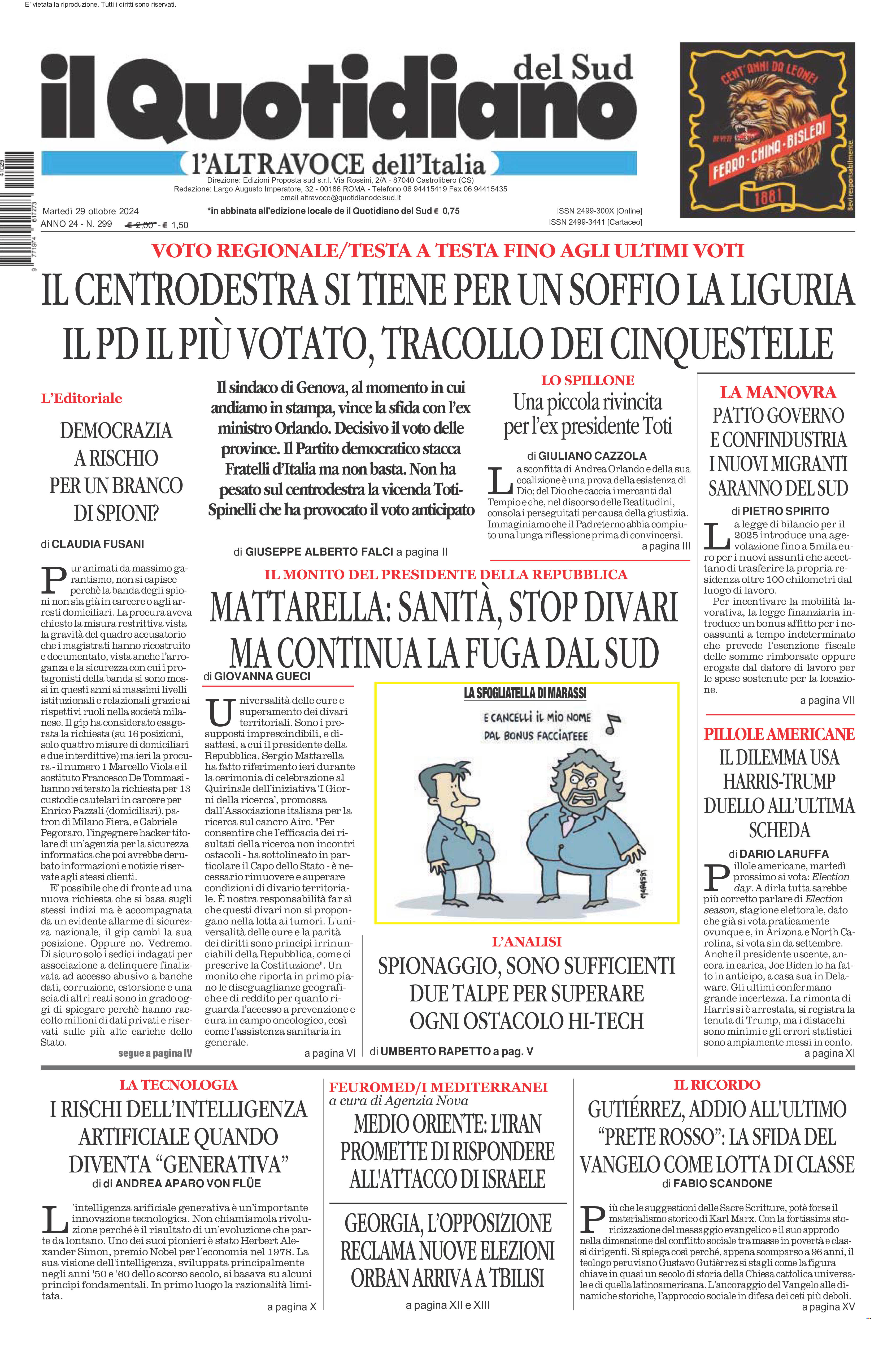 La prima pagina de l’ALTRAVOCE dell’ITALIA in edicola oggi