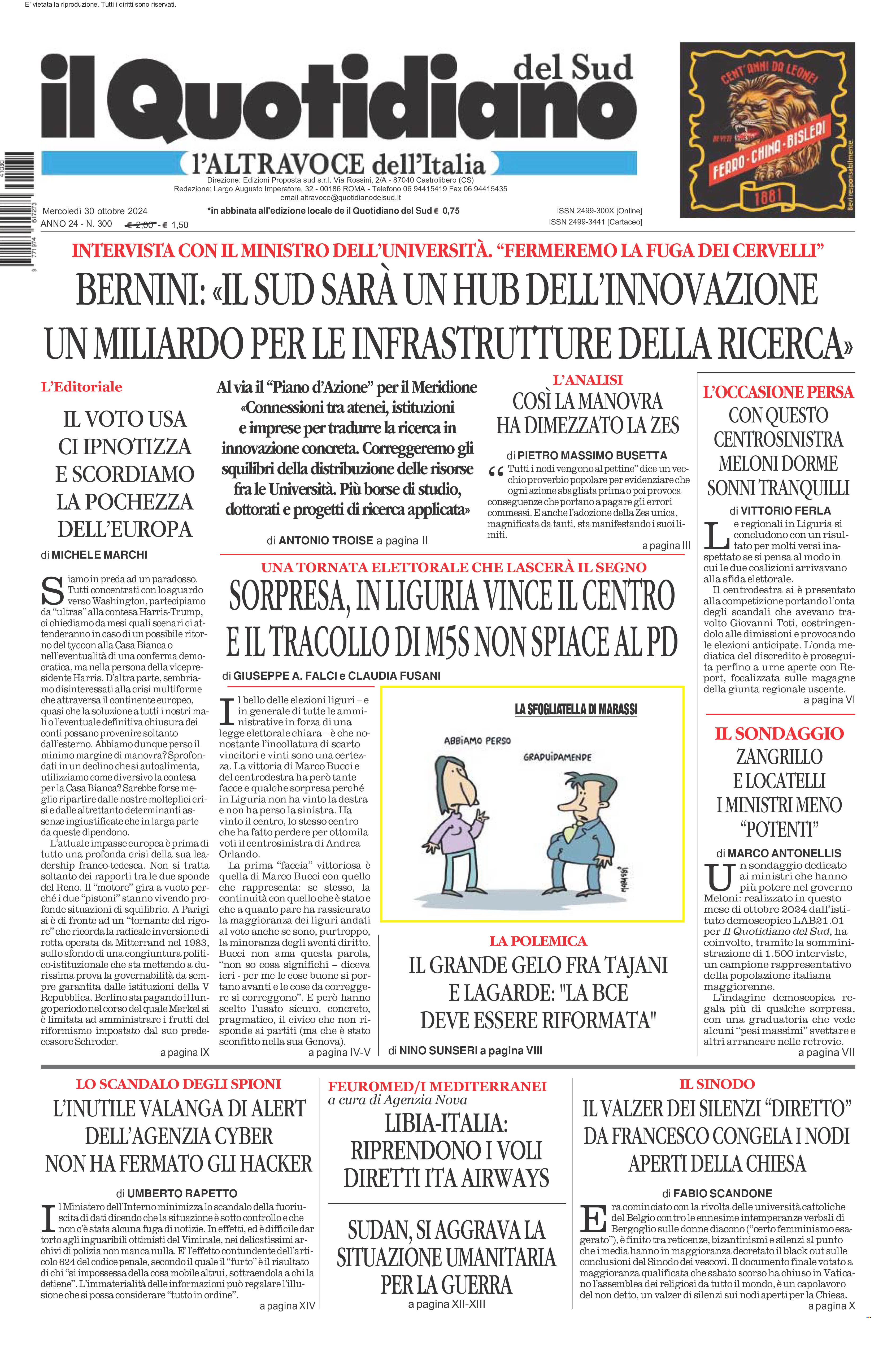 La prima pagina de l’ALTRAVOCE dell’ITALIA in edicola oggi