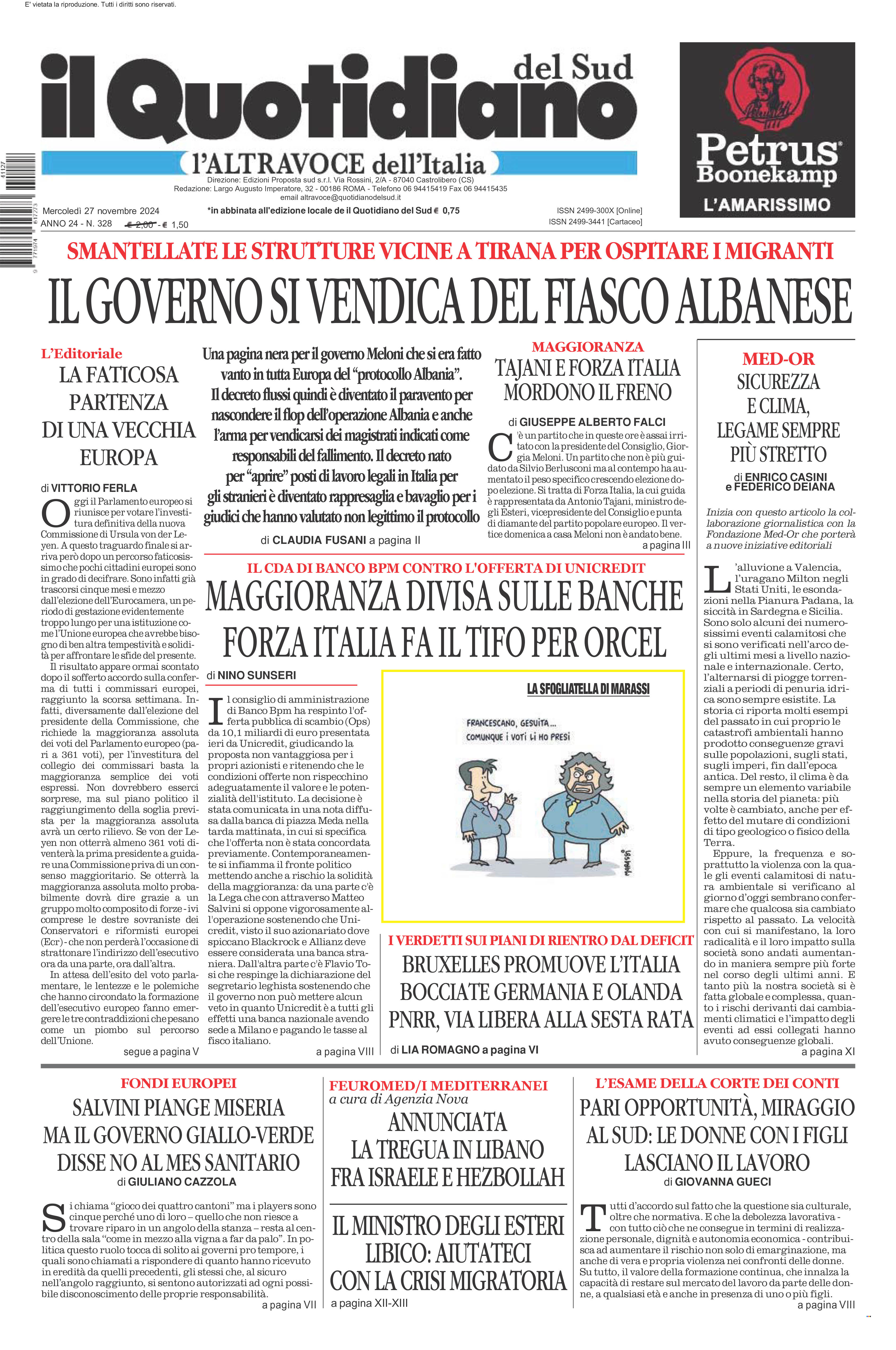 La prima pagina de l’ALTRAVOCE dell’ITALIA in edicola oggi