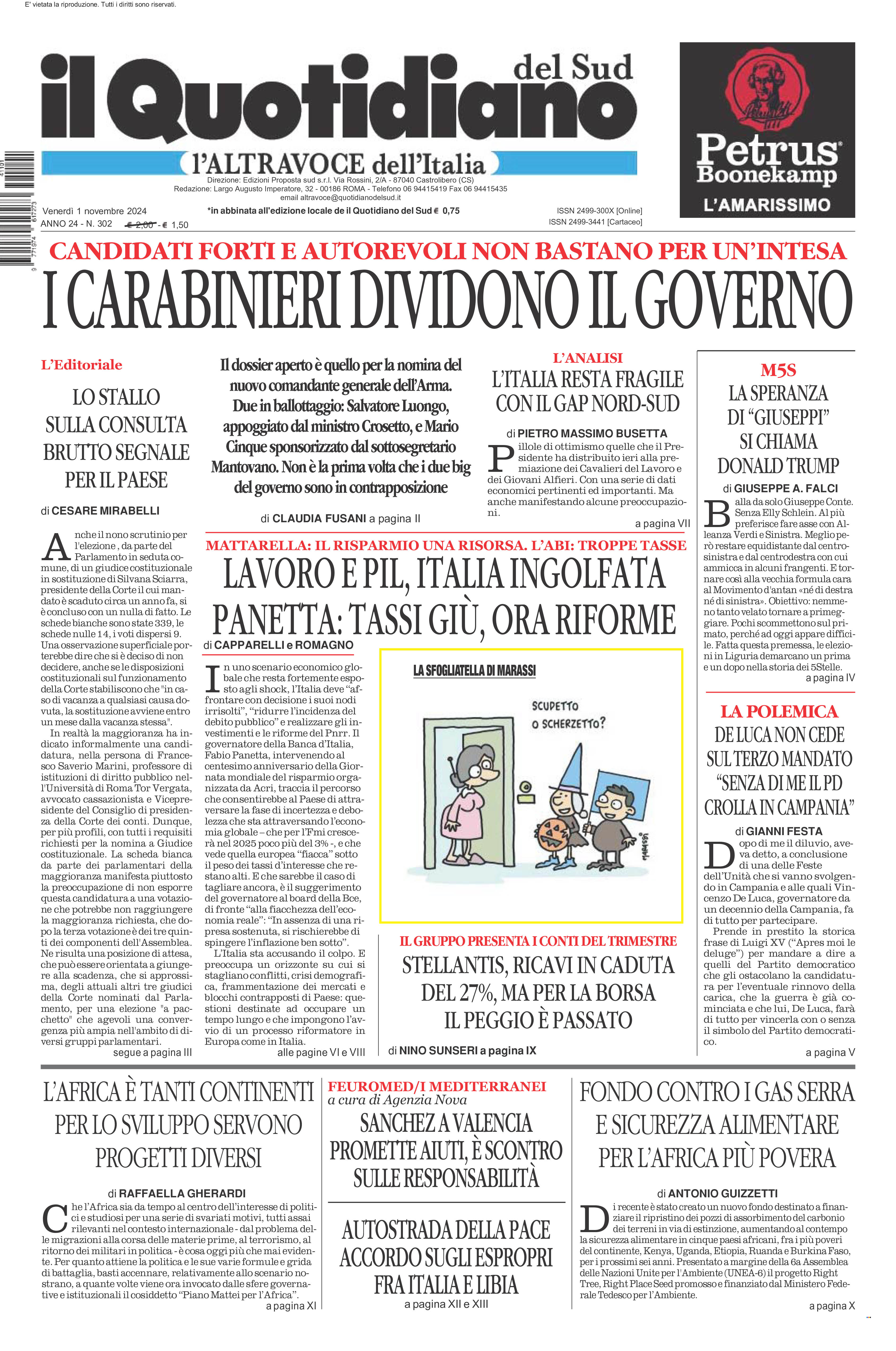 La prima pagina de l’ALTRAVOCE dell’ITALIA in edicola oggi