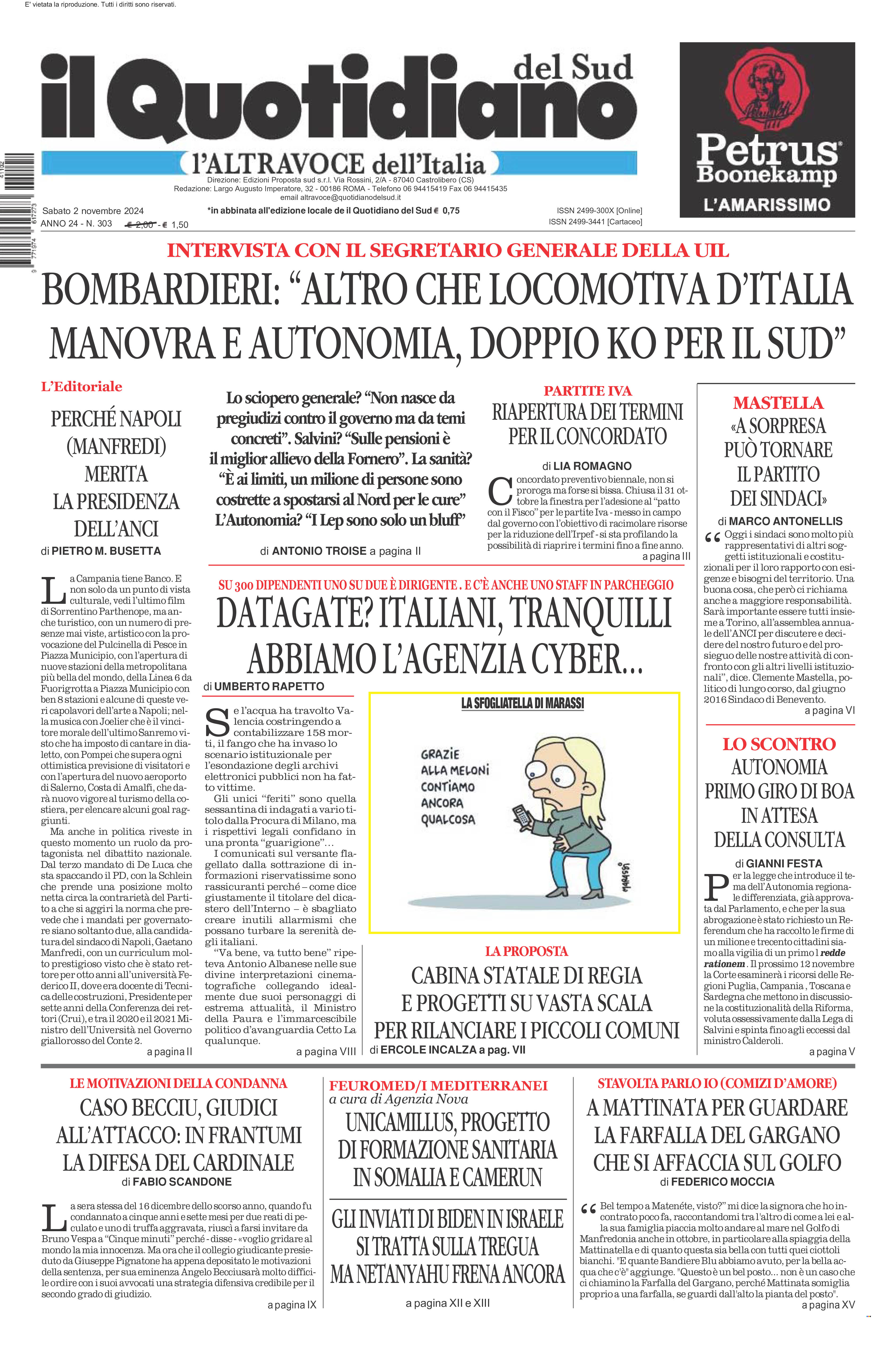 La prima pagina de l’ALTRAVOCE dell’ITALIA in edicola oggi