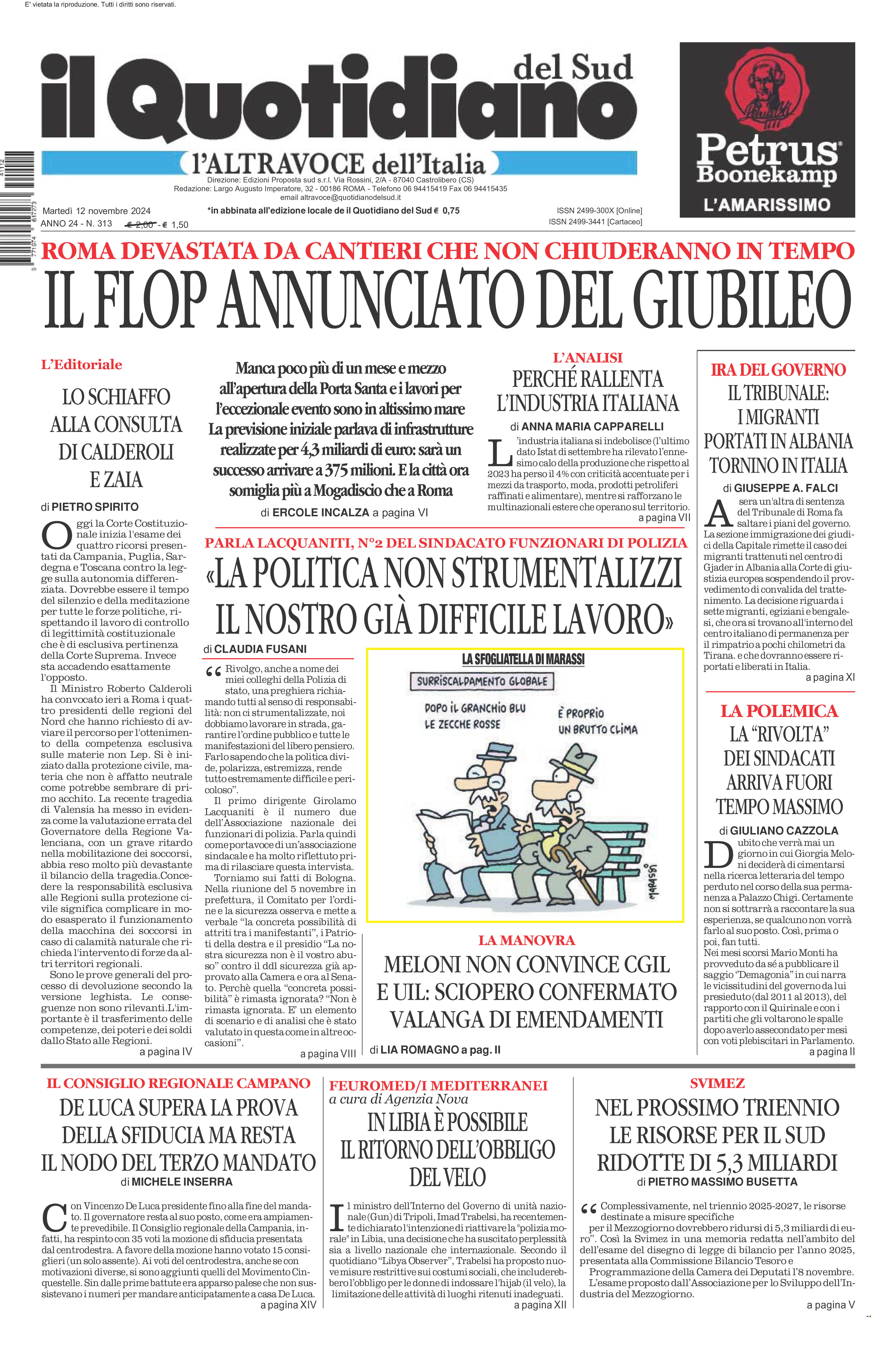 La prima pagina de l’ALTRAVOCE dell’ITALIA in edicola oggi