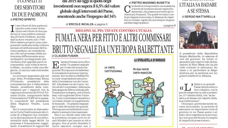 La prima pagina de l’ALTRAVOCE dell’ITALIA in edicola oggi