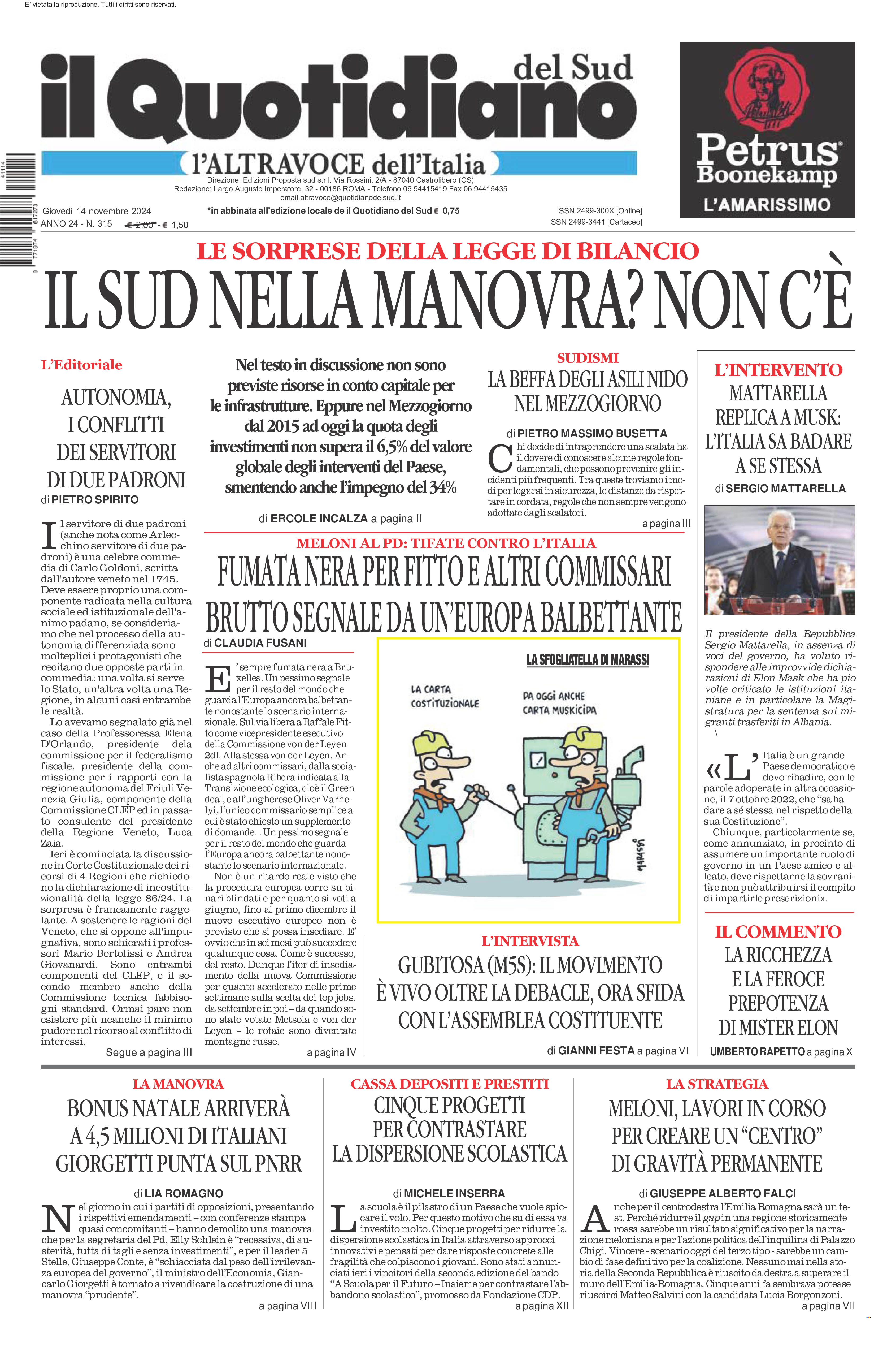 La prima pagina de l’ALTRAVOCE dell’ITALIA in edicola oggi