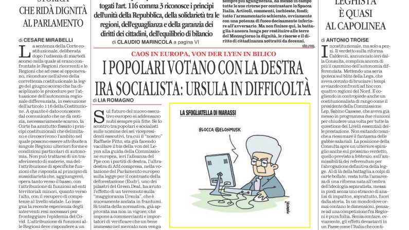 La prima pagina de l’ALTRAVOCE dell’ITALIA in edicola oggi