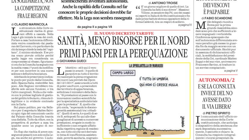 La prima pagina de l’ALTRAVOCE dell’ITALIA in edicola oggi