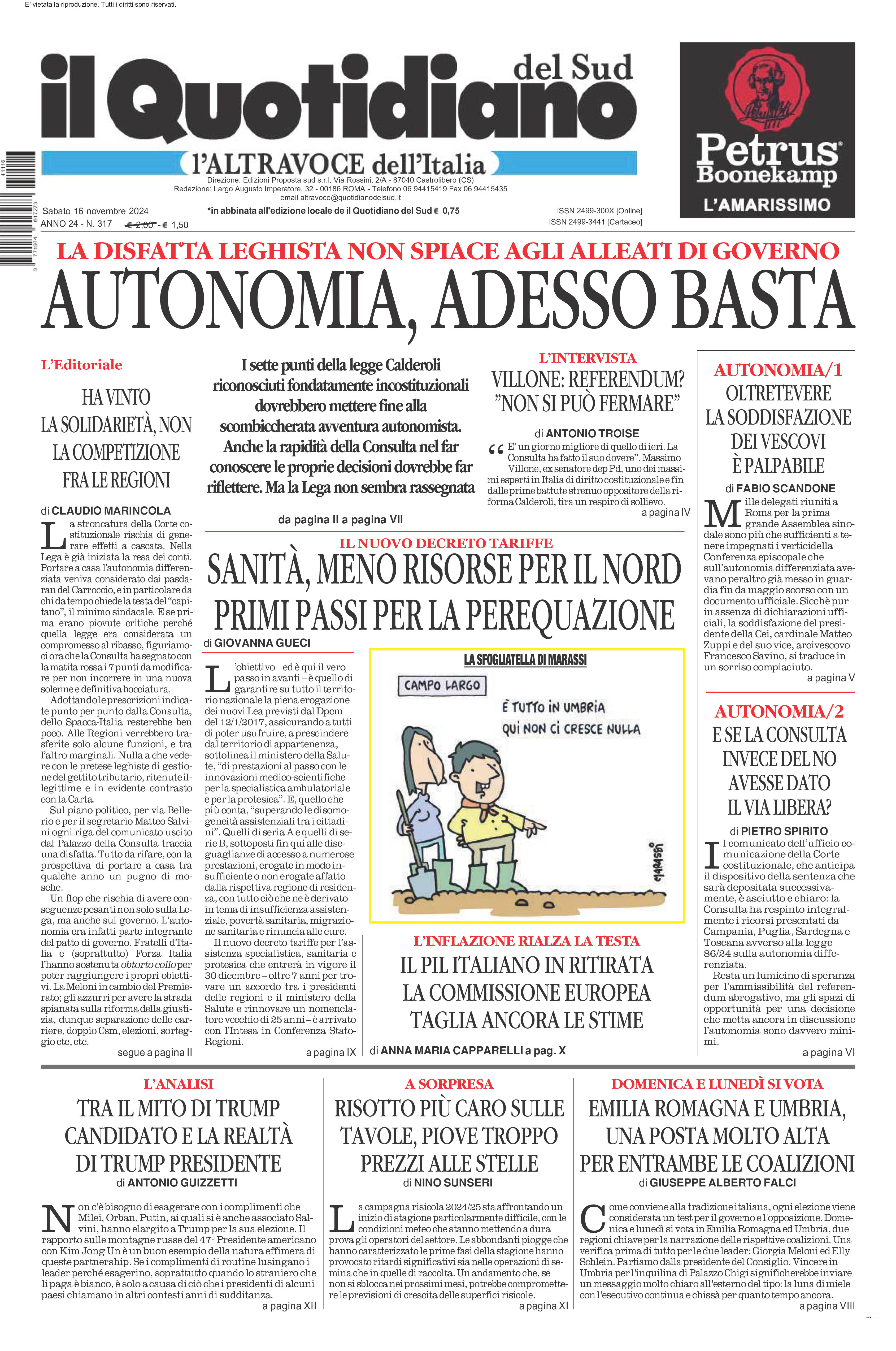 La prima pagina de l’ALTRAVOCE dell’ITALIA in edicola oggi