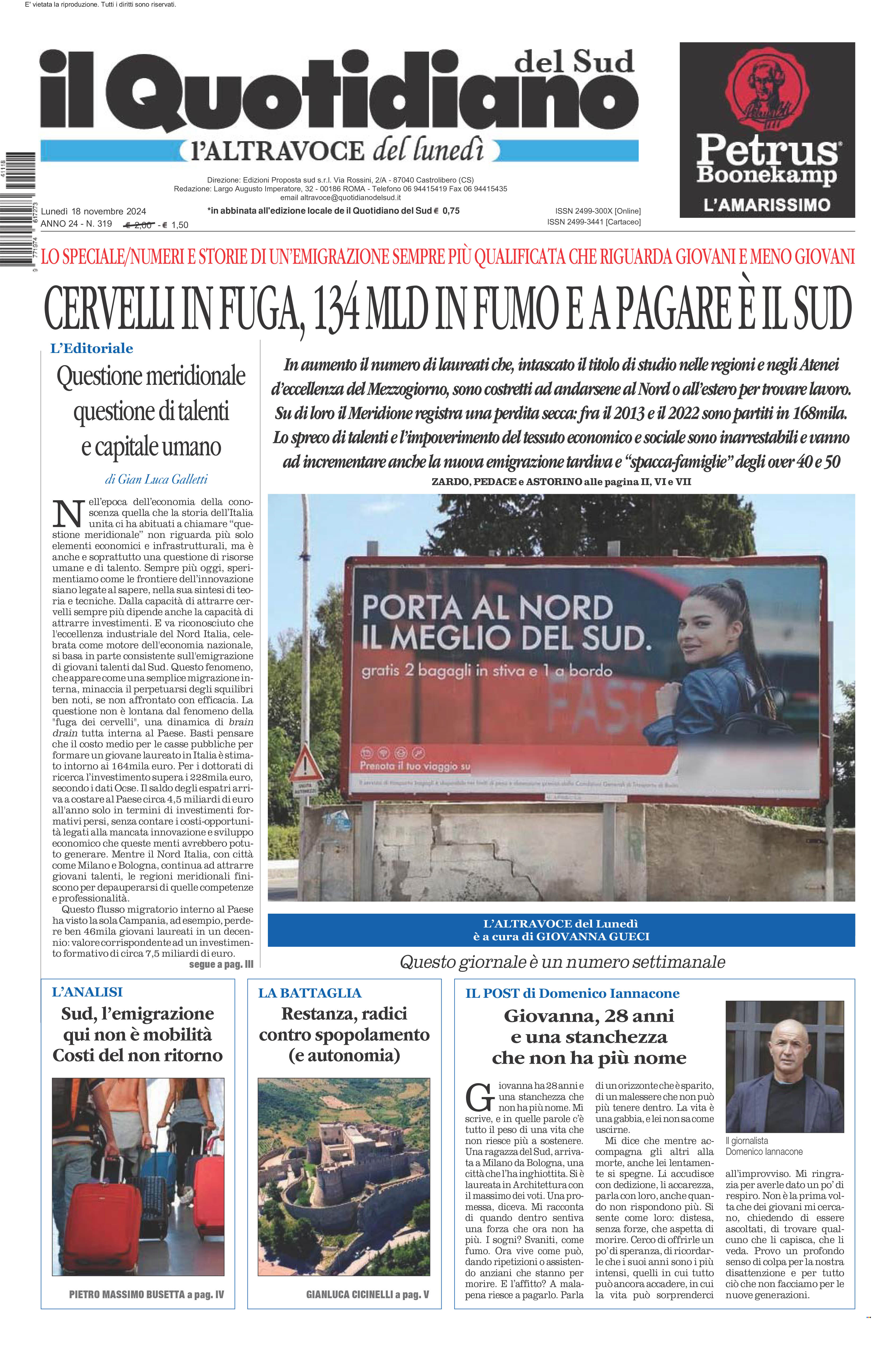 La prima pagina de l’ALTRAVOCE dell’ITALIA in edicola oggi