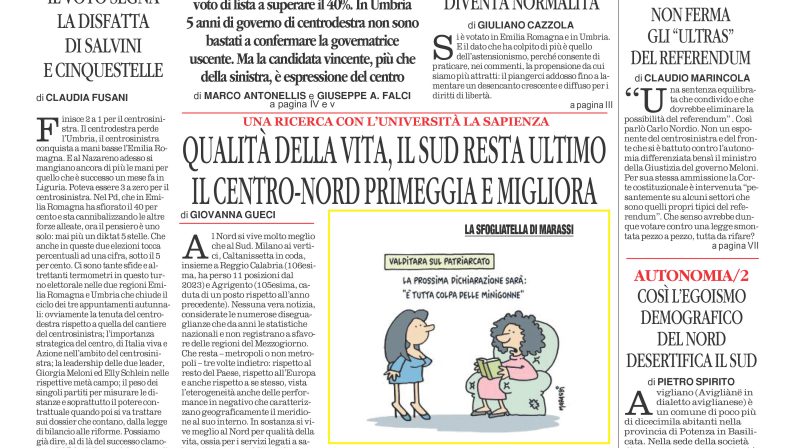 La prima pagina de l’ALTRAVOCE dell’ITALIA in edicola oggi