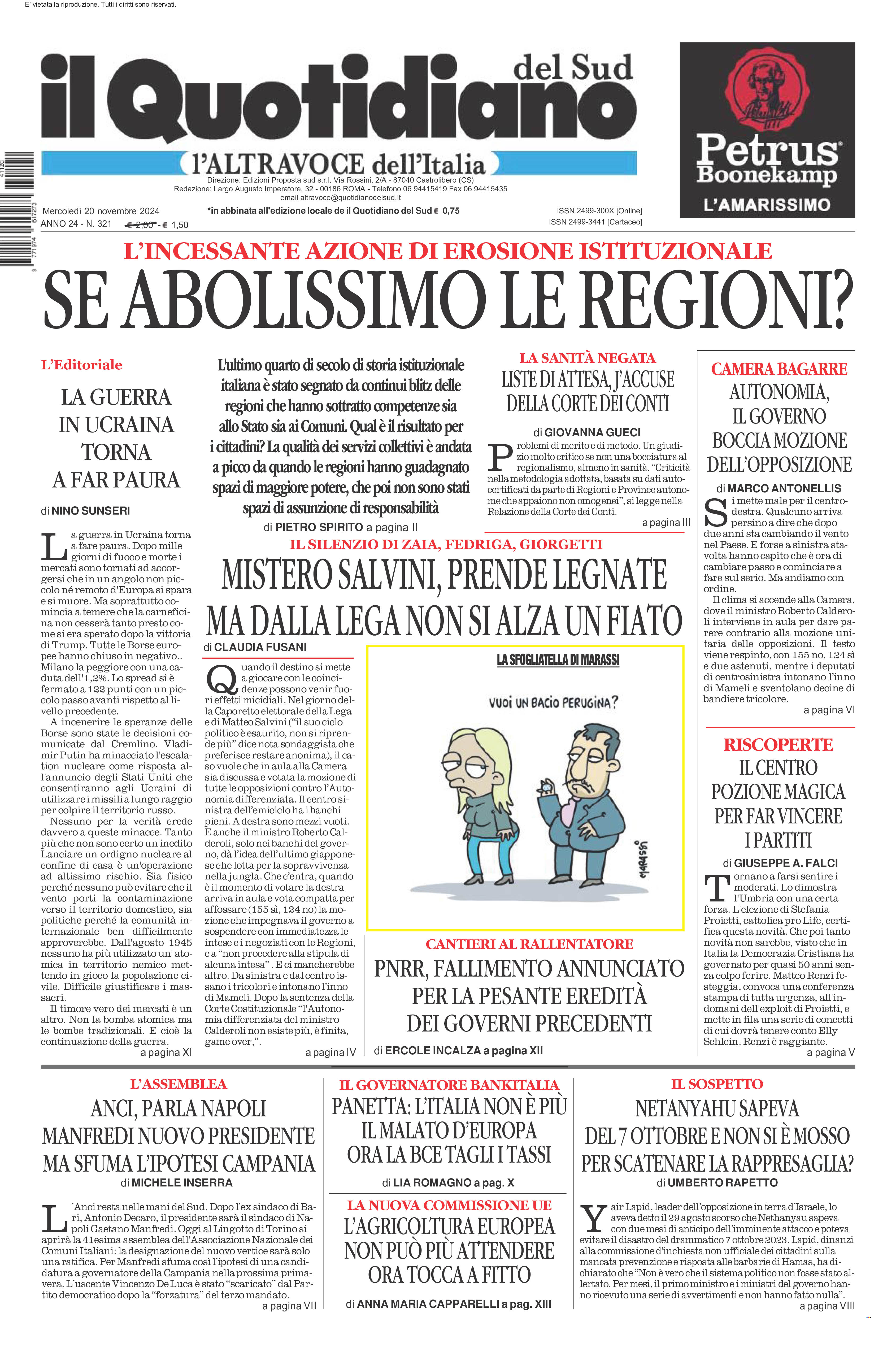 La prima pagina de l’ALTRAVOCE dell’ITALIA in edicola oggi