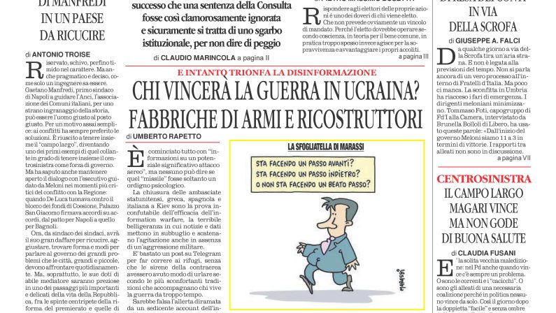 La prima pagina de l’ALTRAVOCE dell’ITALIA in edicola oggi