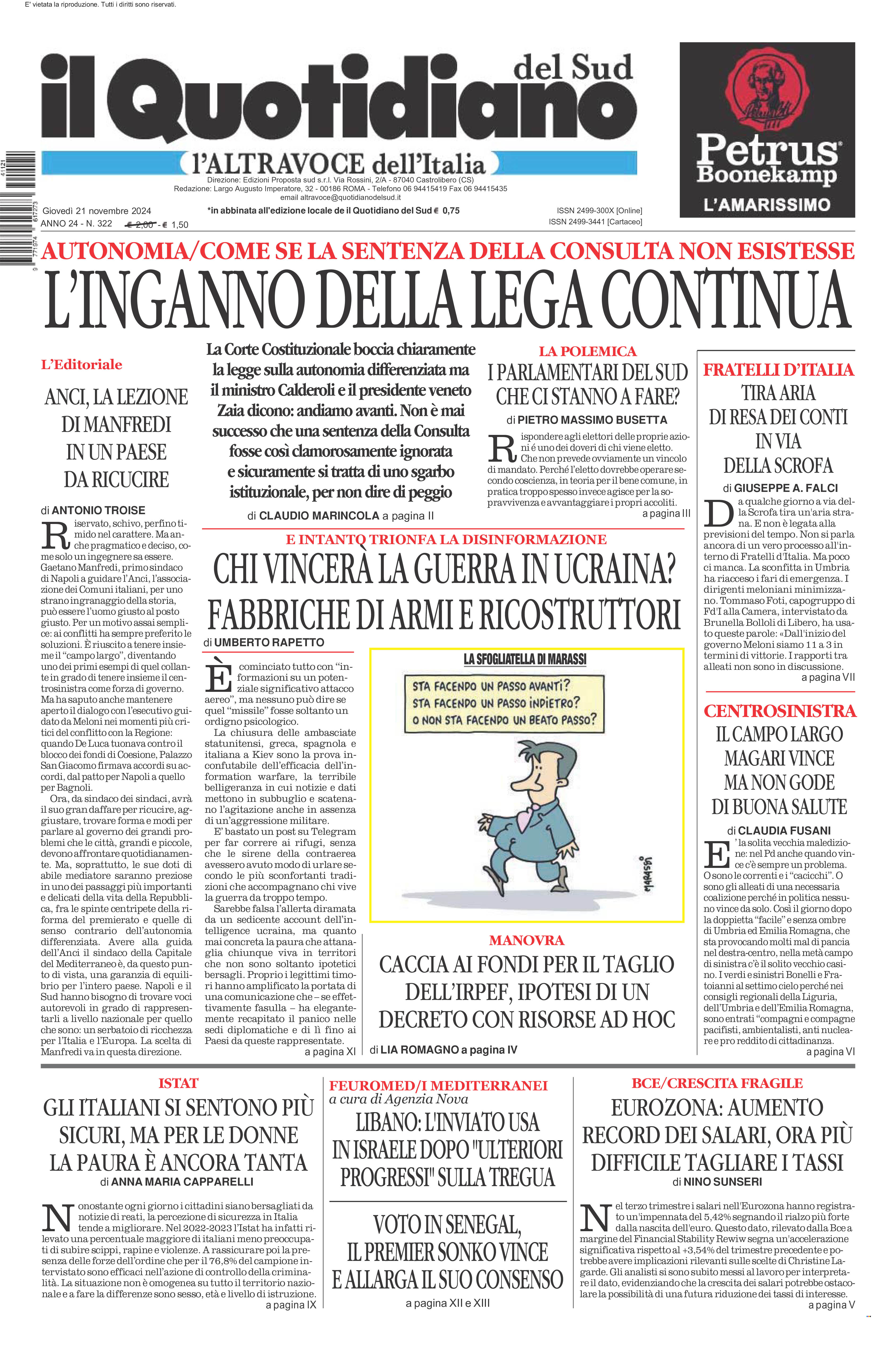 La prima pagina de l’ALTRAVOCE dell’ITALIA in edicola oggi