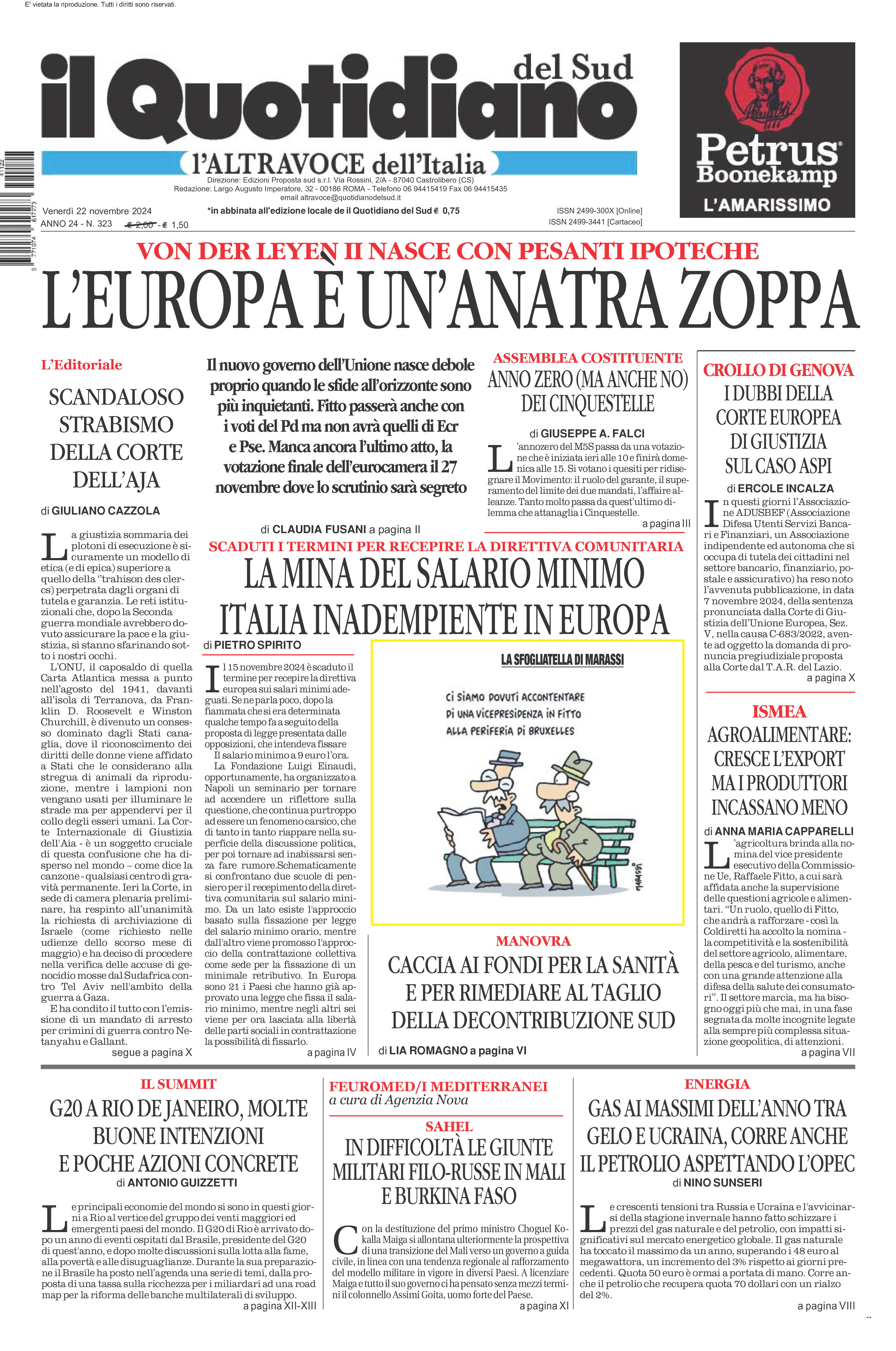 La prima pagina de l’ALTRAVOCE dell’ITALIA in edicola oggi