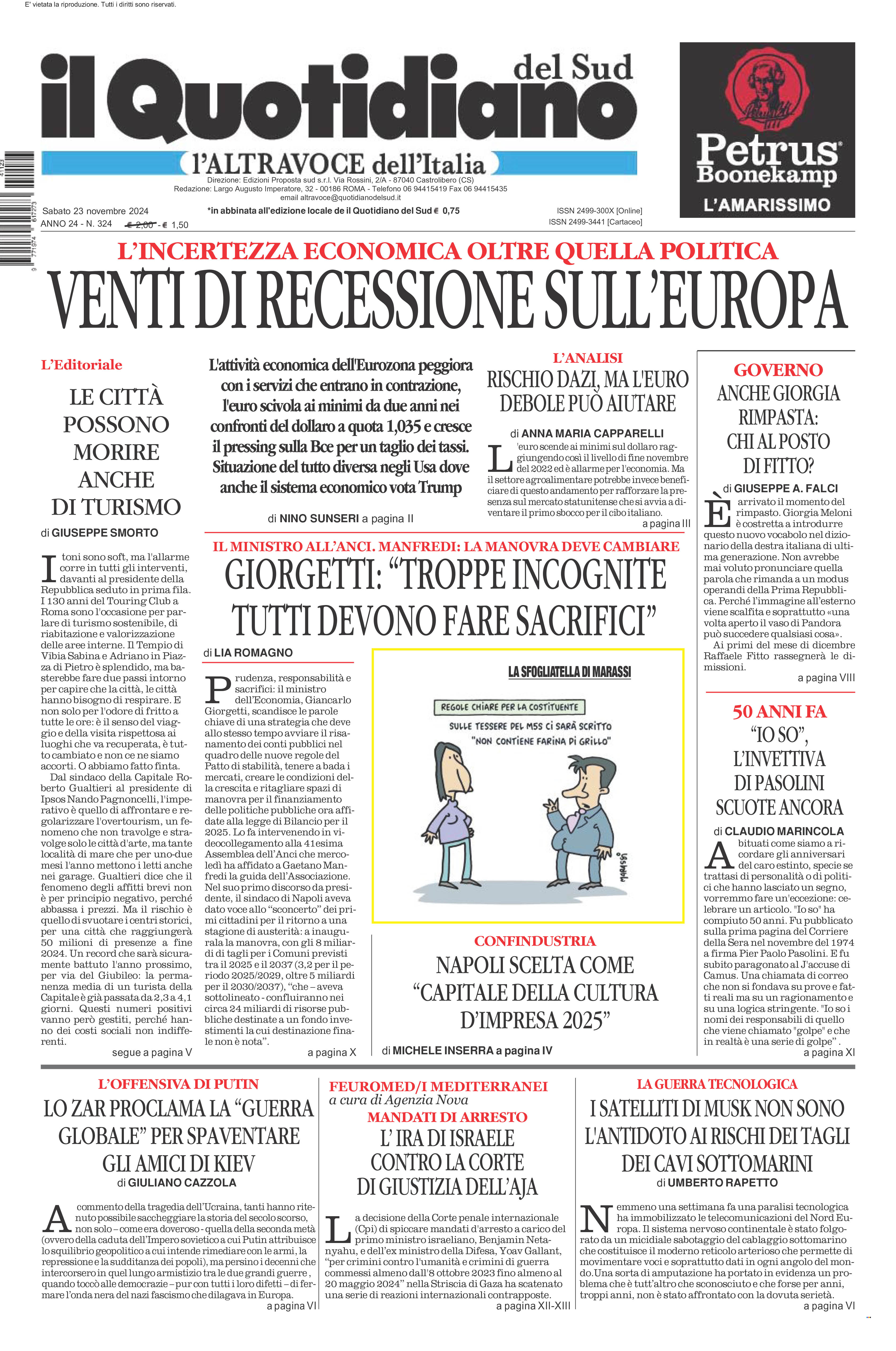 La prima pagina de l’ALTRAVOCE dell’ITALIA in edicola oggi