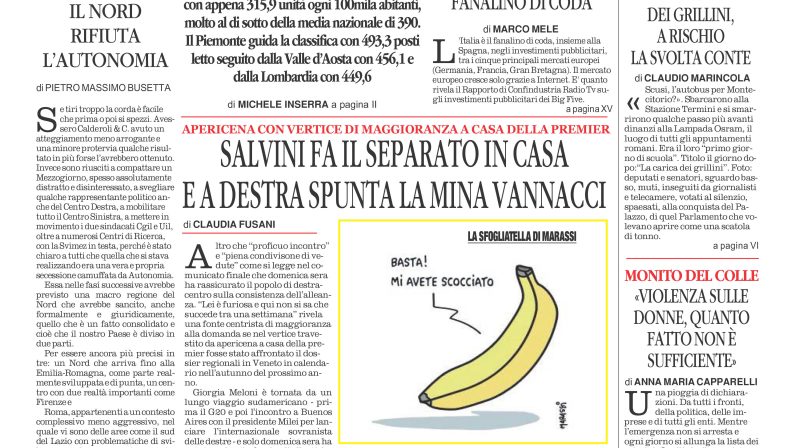 La prima pagina de l’ALTRAVOCE dell’ITALIA in edicola oggi