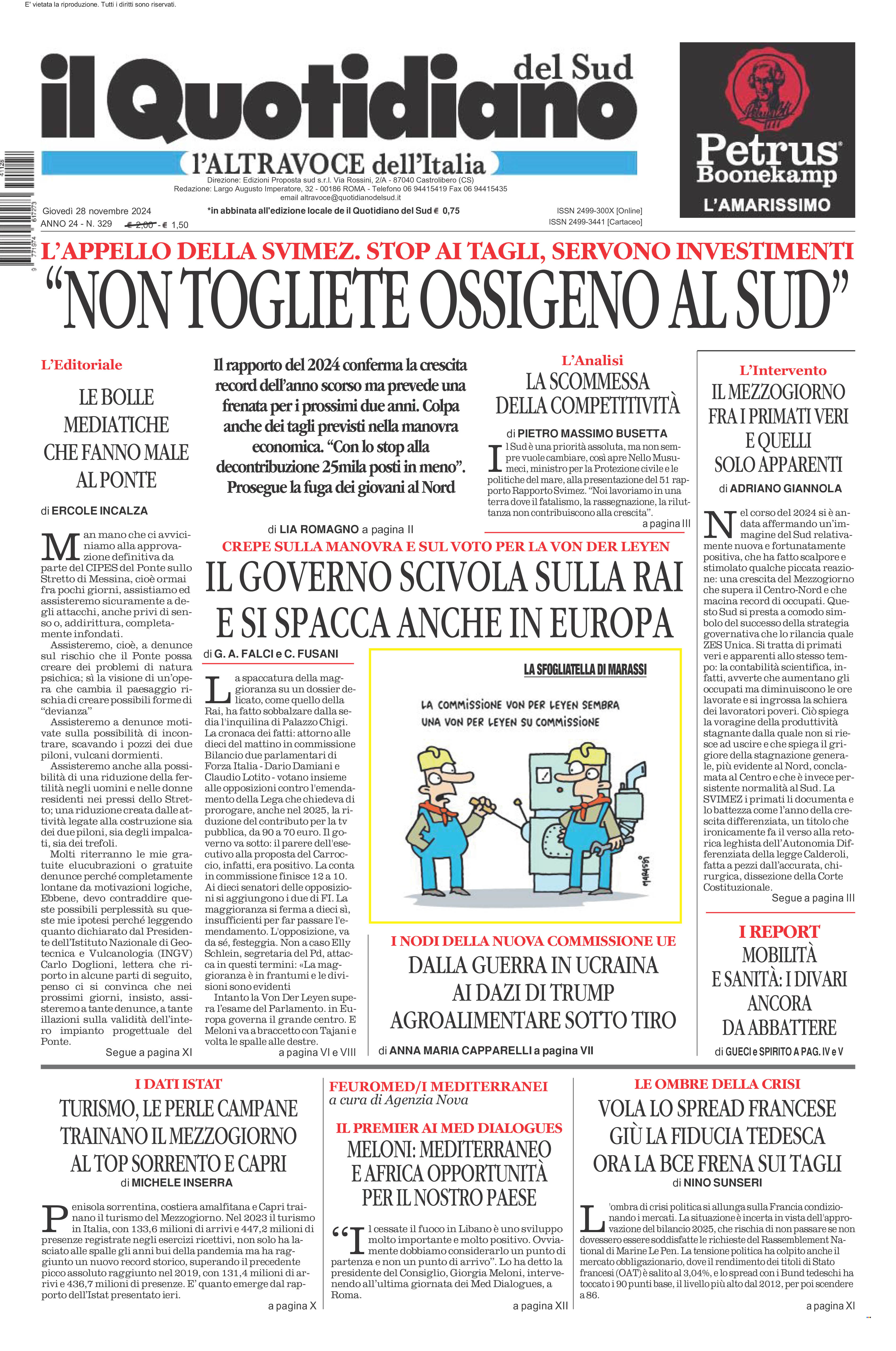 La prima pagina de l’ALTRAVOCE dell’ITALIA in edicola oggi