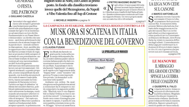 La prima pagina de l’ALTRAVOCE dell’ITALIA in edicola oggi