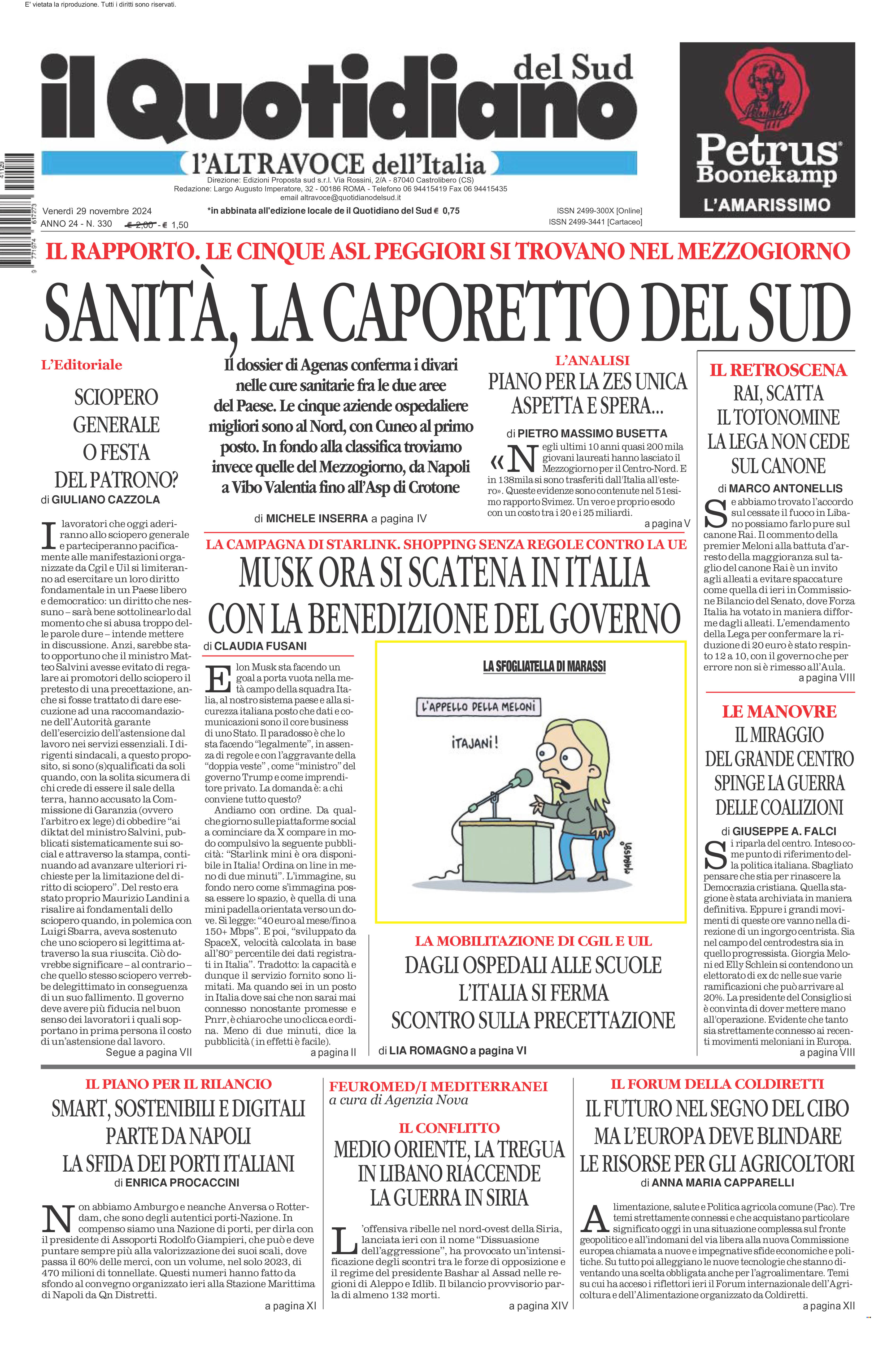 La prima pagina de l’ALTRAVOCE dell’ITALIA in edicola oggi