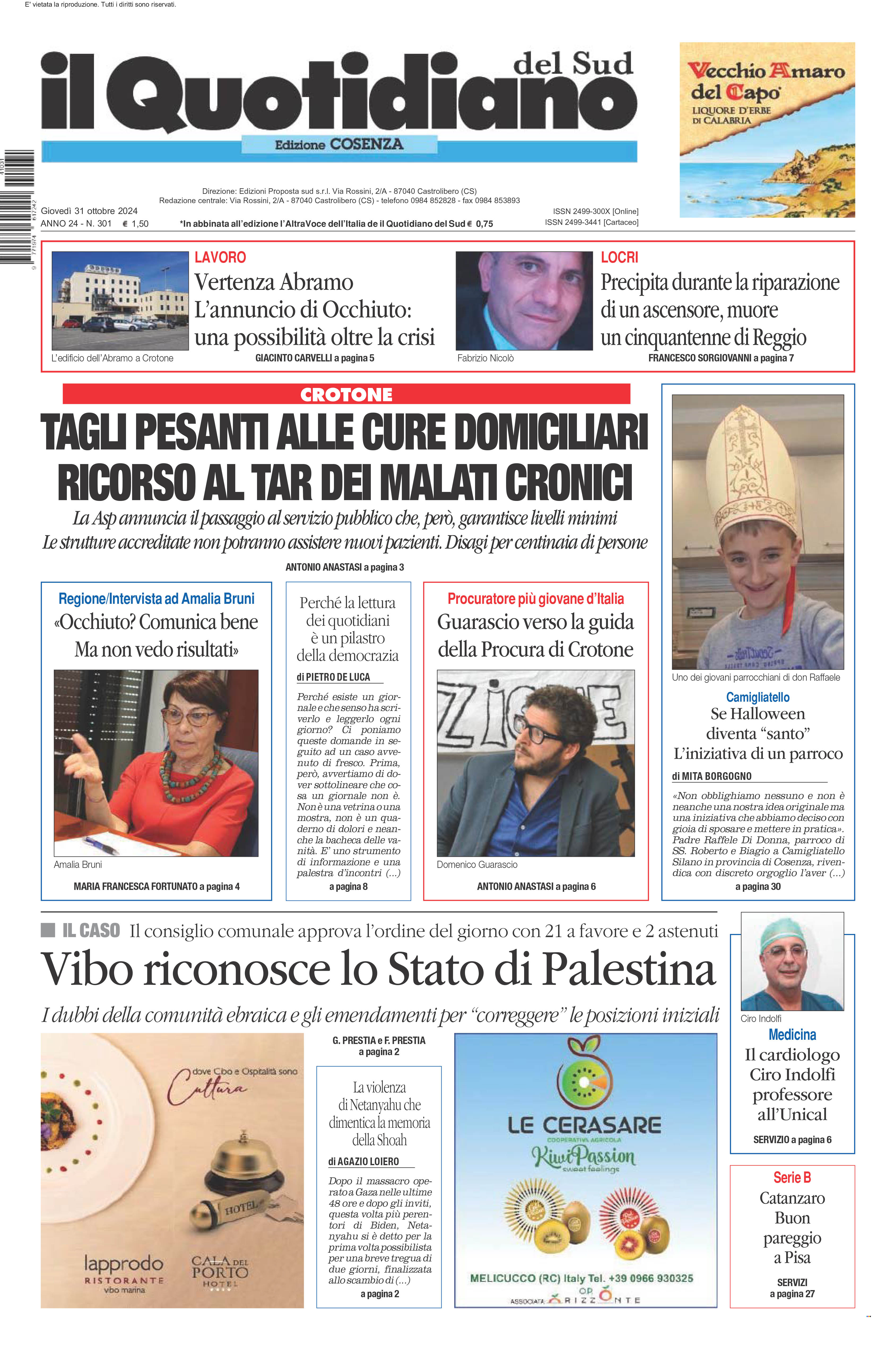 La prima pagina de l’ALTRAVOCE dell’ITALIA in edicola oggi