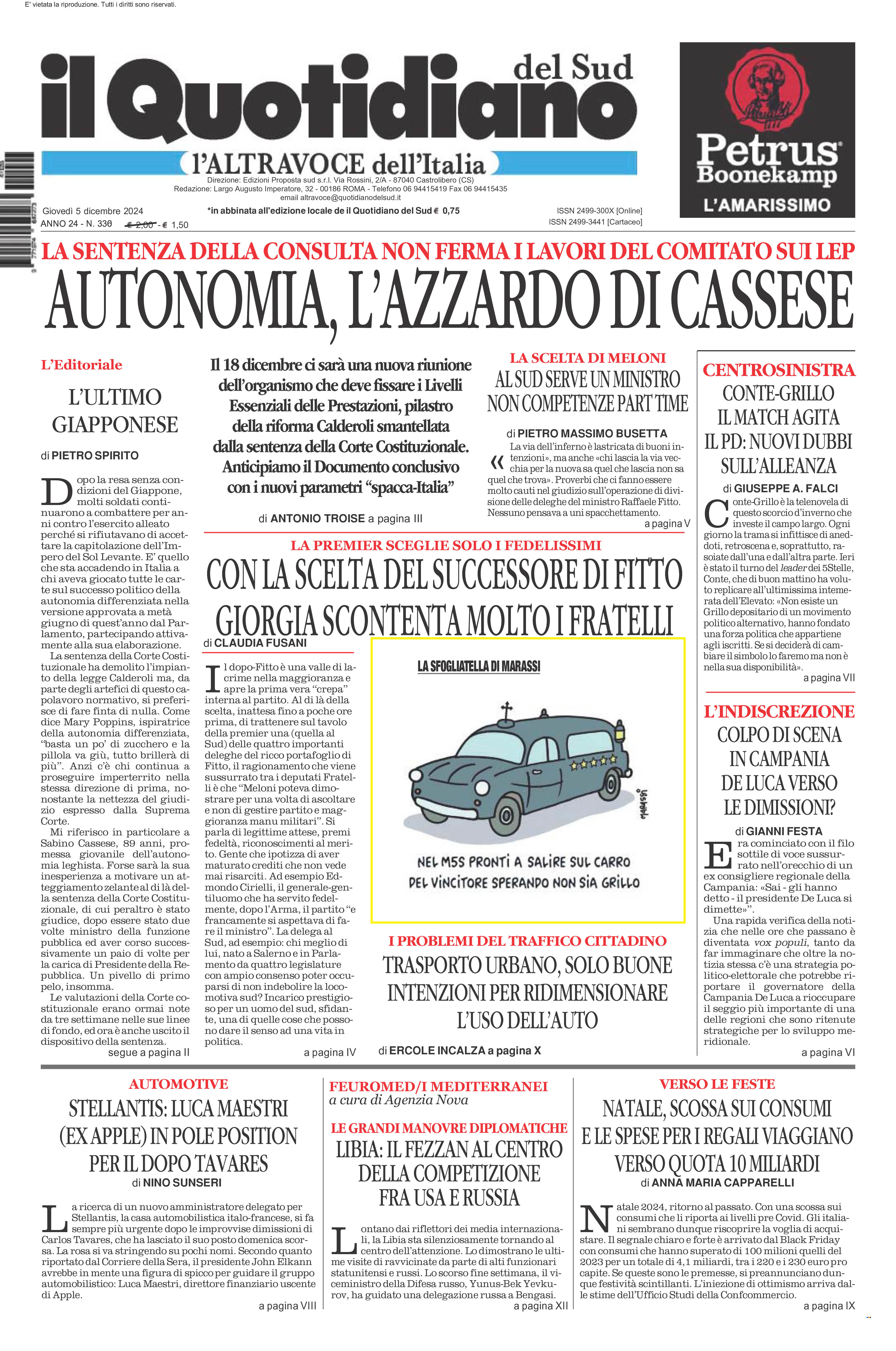 La prima pagina de l’ALTRAVOCE dell’ITALIA in edicola oggi