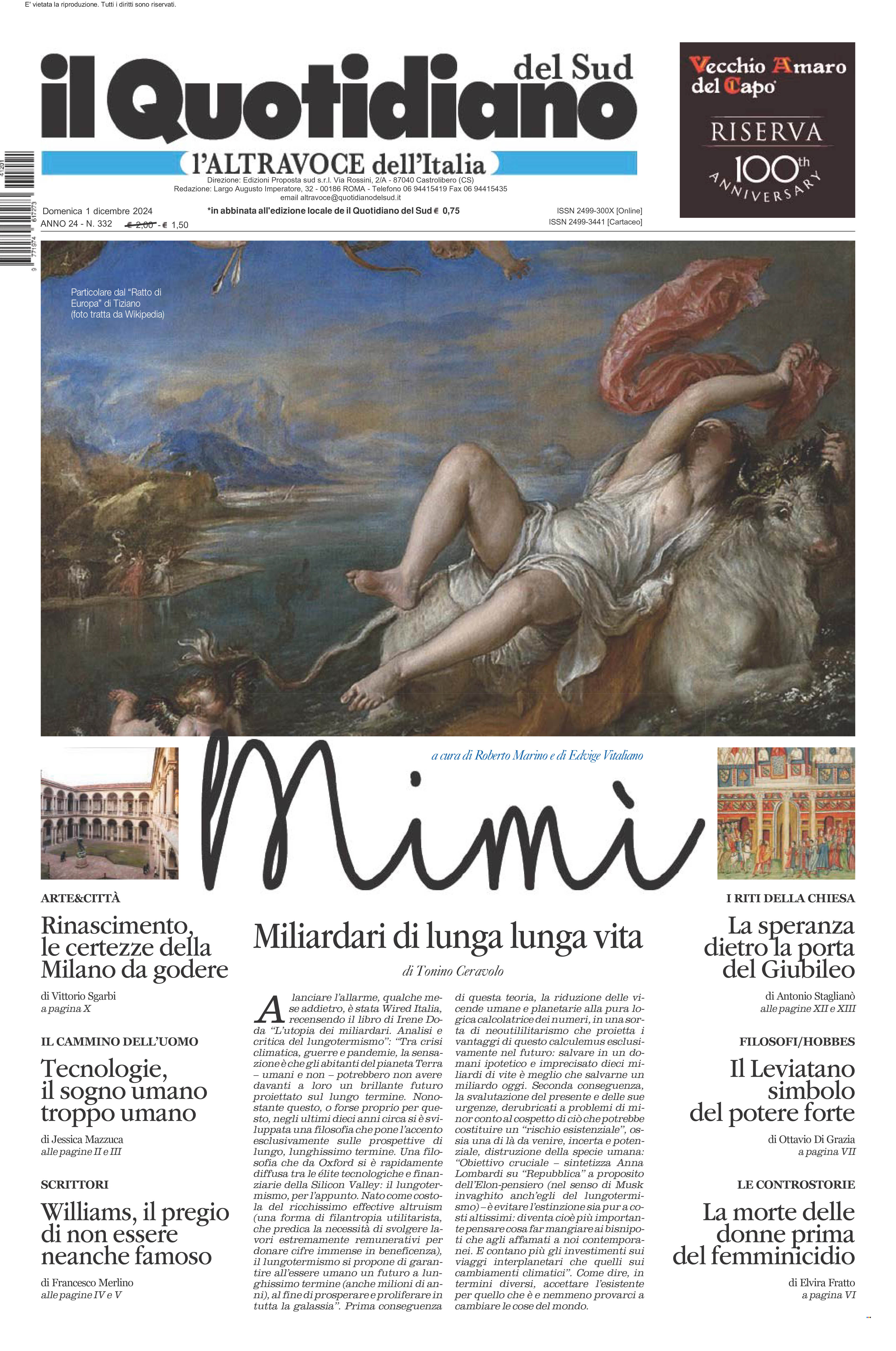 La prima pagina de l’ALTRAVOCE dell’ITALIA in edicola oggi